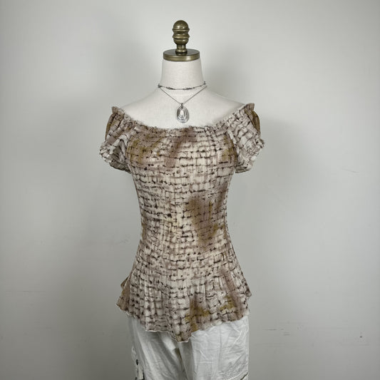 Ethereal Print Semi Sheer Mesh Chiffon Off Shoulder Top