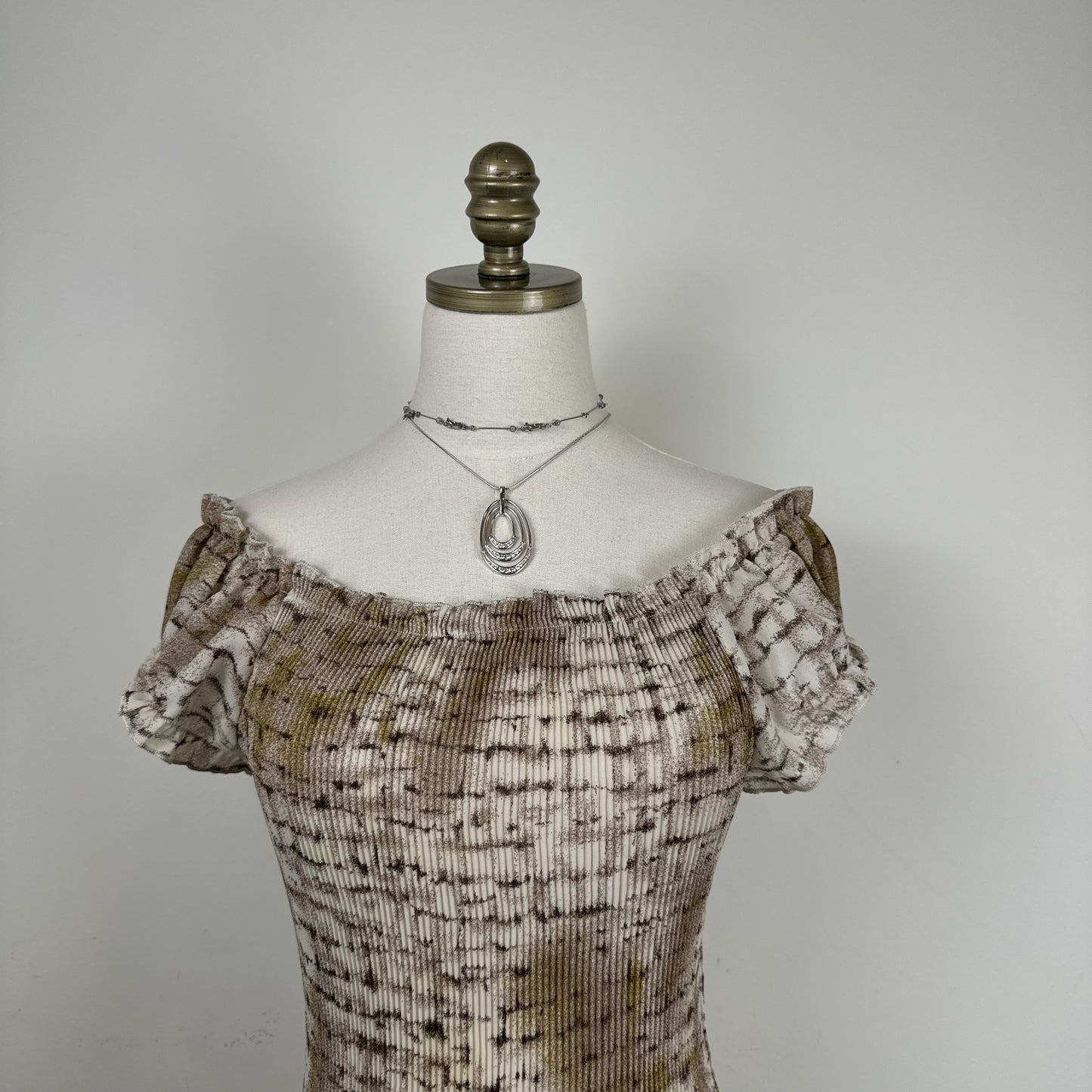 Ethereal Print Semi Sheer Mesh Chiffon Off Shoulder Top – view 2