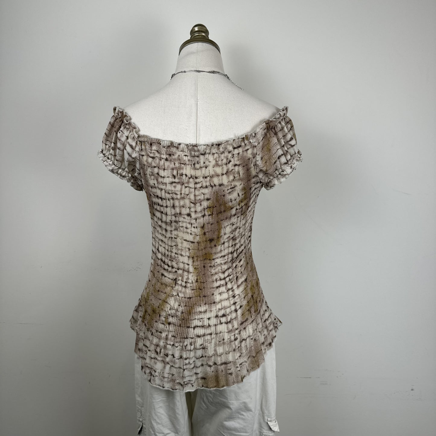 Ethereal Print Semi Sheer Mesh Chiffon Off Shoulder Top – view 5