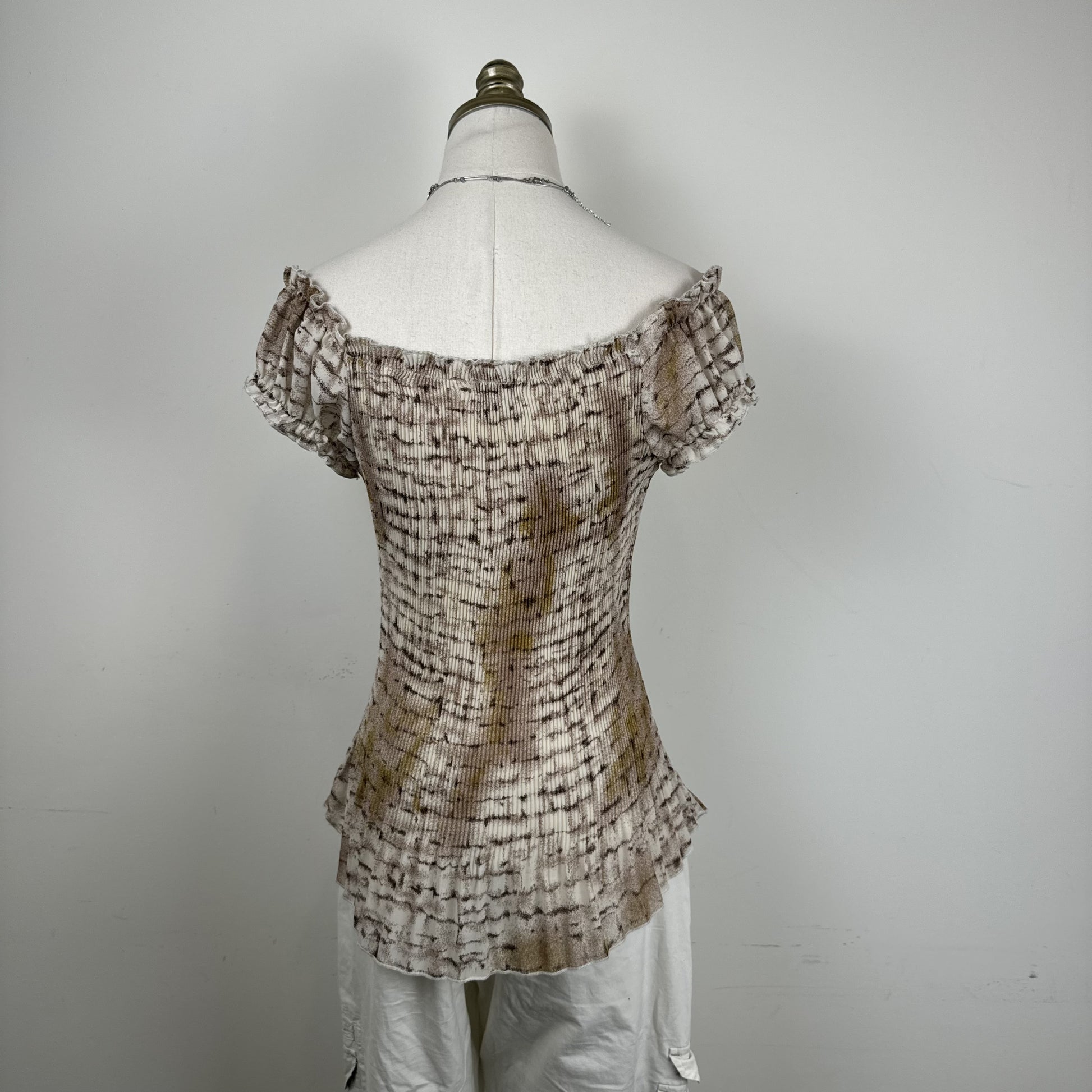 Ethereal Print Semi Sheer Mesh Chiffon Off Shoulder Top – view 5