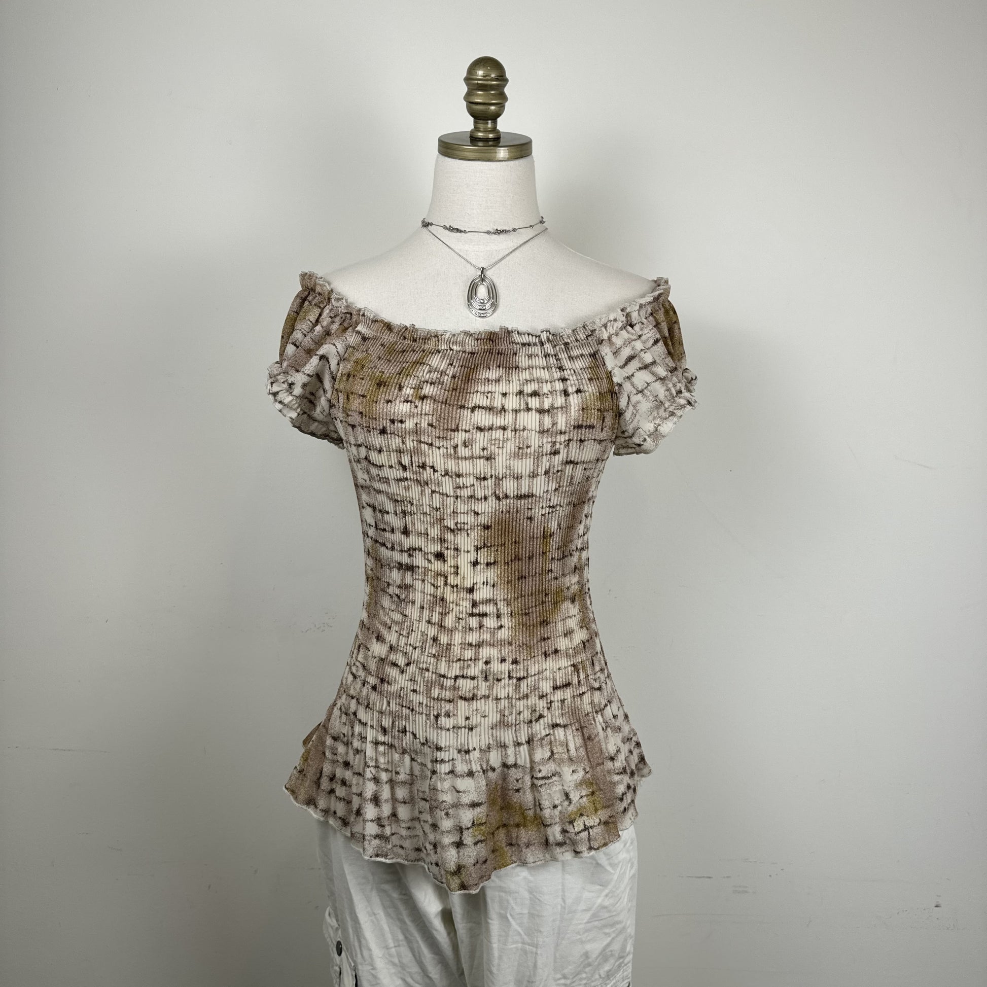 Ethereal Print Semi Sheer Mesh Chiffon Off Shoulder Top – view 6