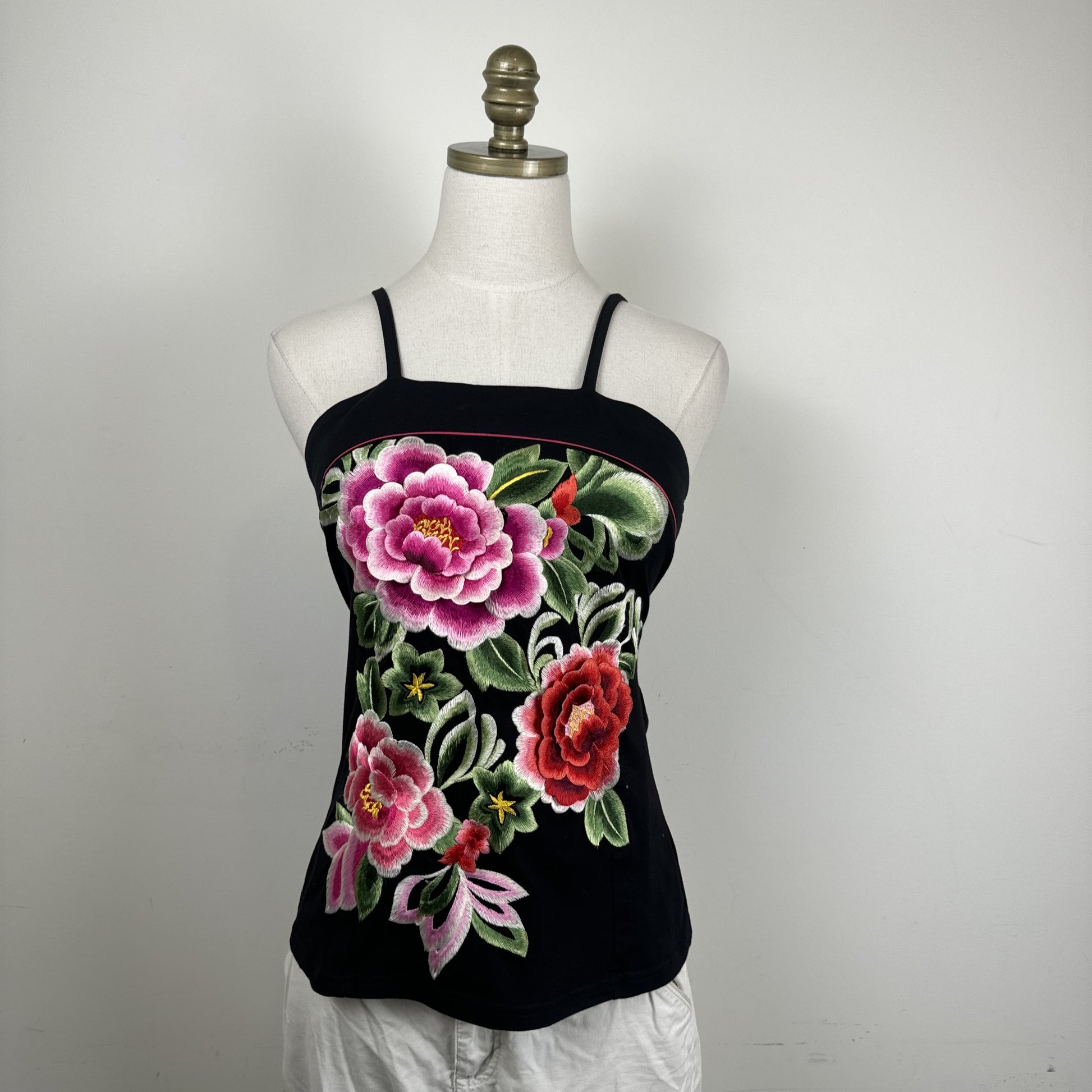 Black Floral Applique Embroidered Halter Tube Top