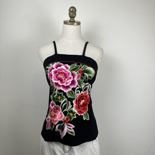 Black Floral Applique Embroidered Halter Tube Top