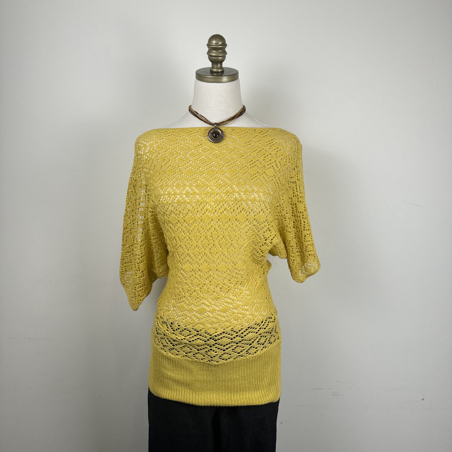 Mustard Yellow Open Knit Off Shoulder Dolman Sweater