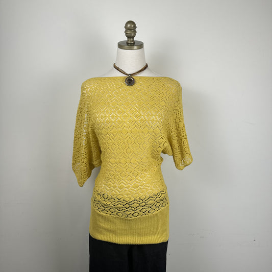 Mustard Yellow Open Knit Off Shoulder Dolman Sweater