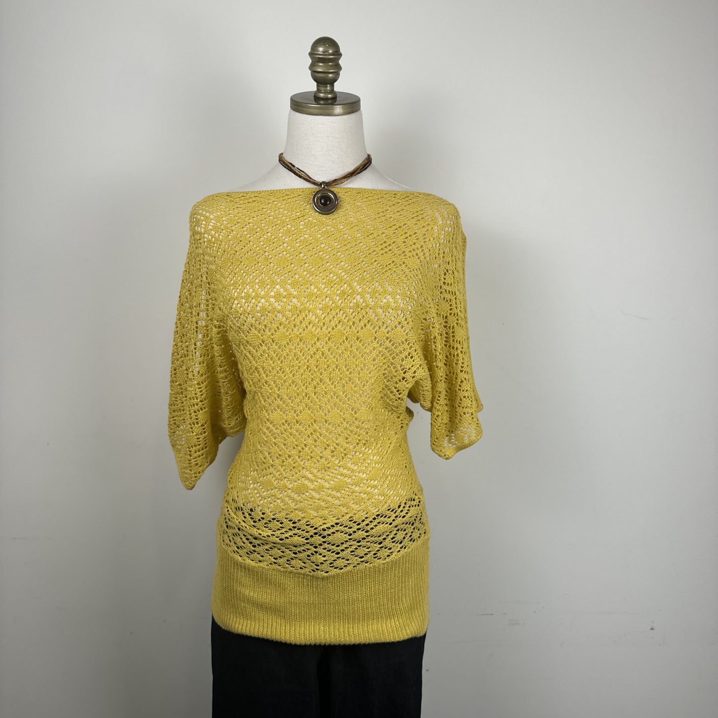 Mustard Yellow Open Knit Off Shoulder Dolman Sweater – view 2