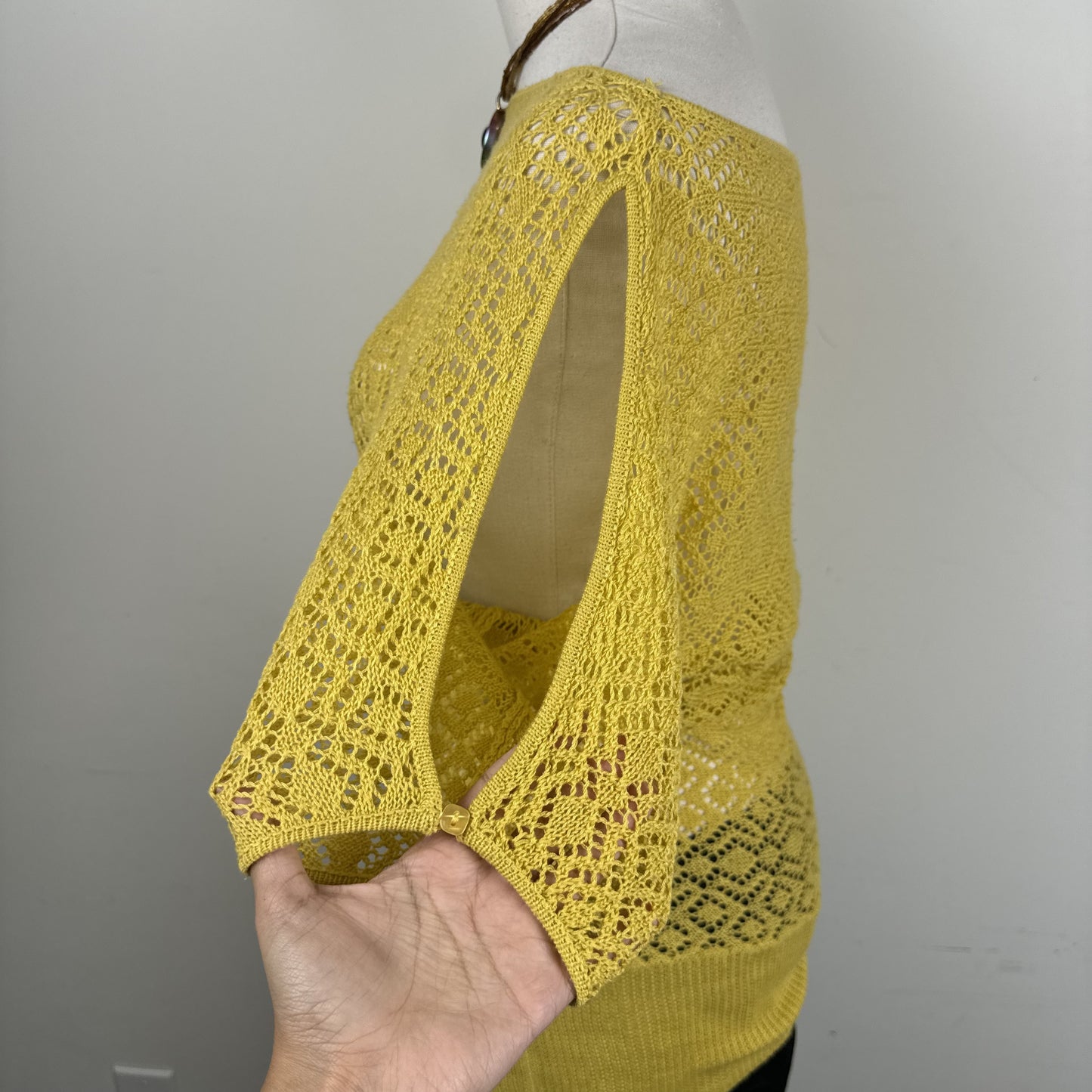 Mustard Yellow Open Knit Off Shoulder Dolman Sweater – view 3