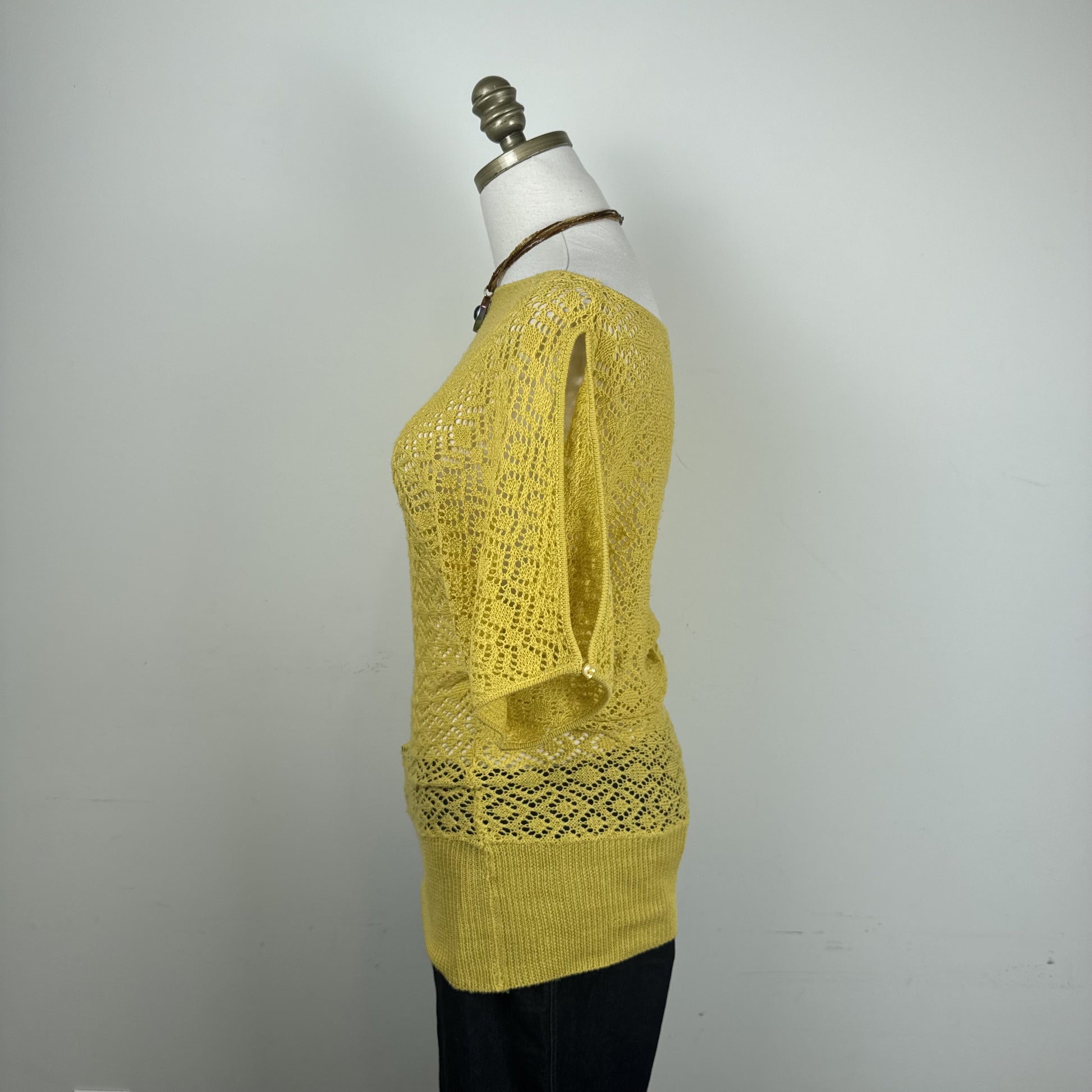 Mustard Yellow Open Knit Off Shoulder Dolman Sweater – view 4