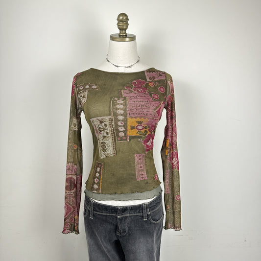 Vintage Fairy Core Graphic Mesh Boat Neck Long Sleeve Top