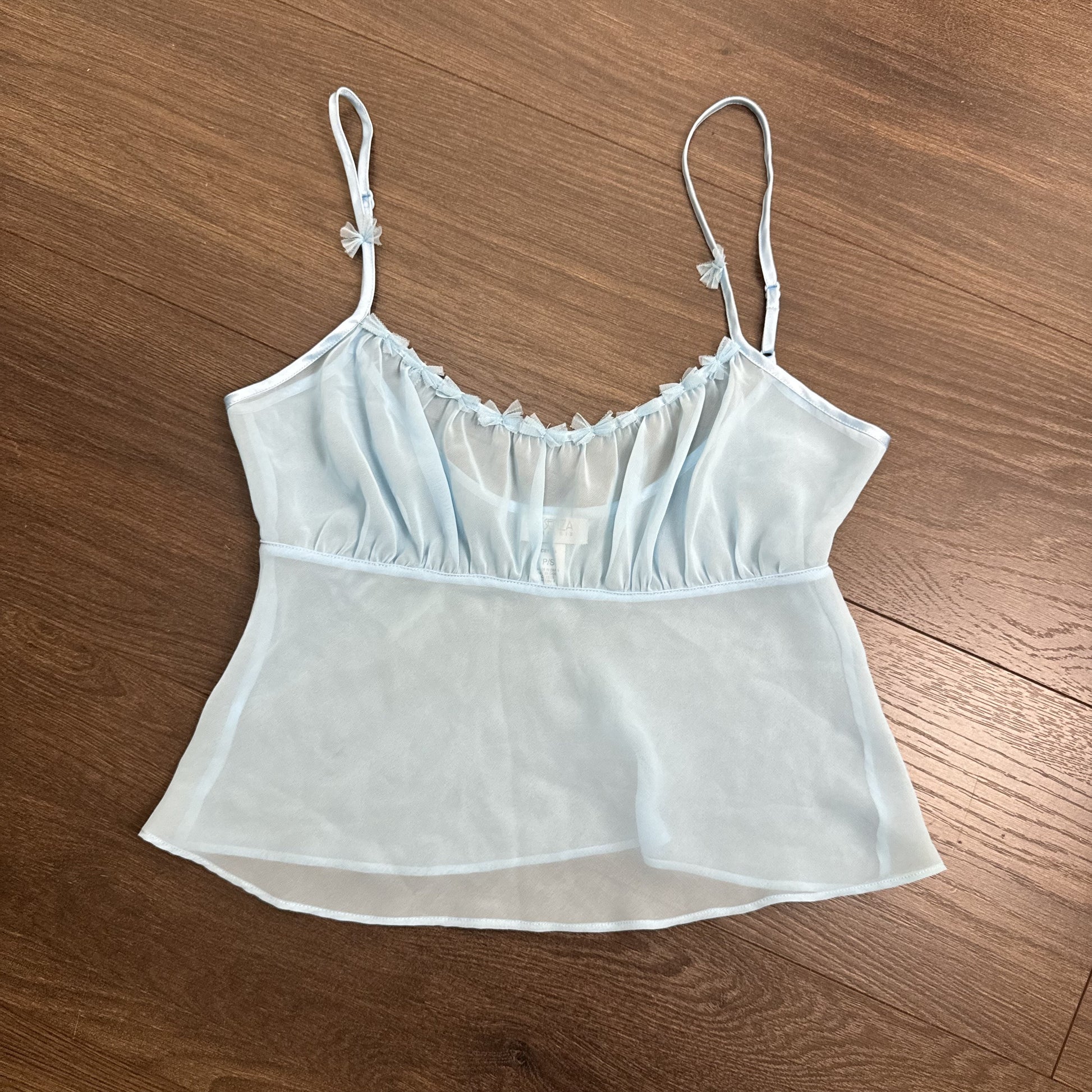 Vintage La Senza Light Blue Sheer Chiffon Mesh Ribbon Cami Top – view 11