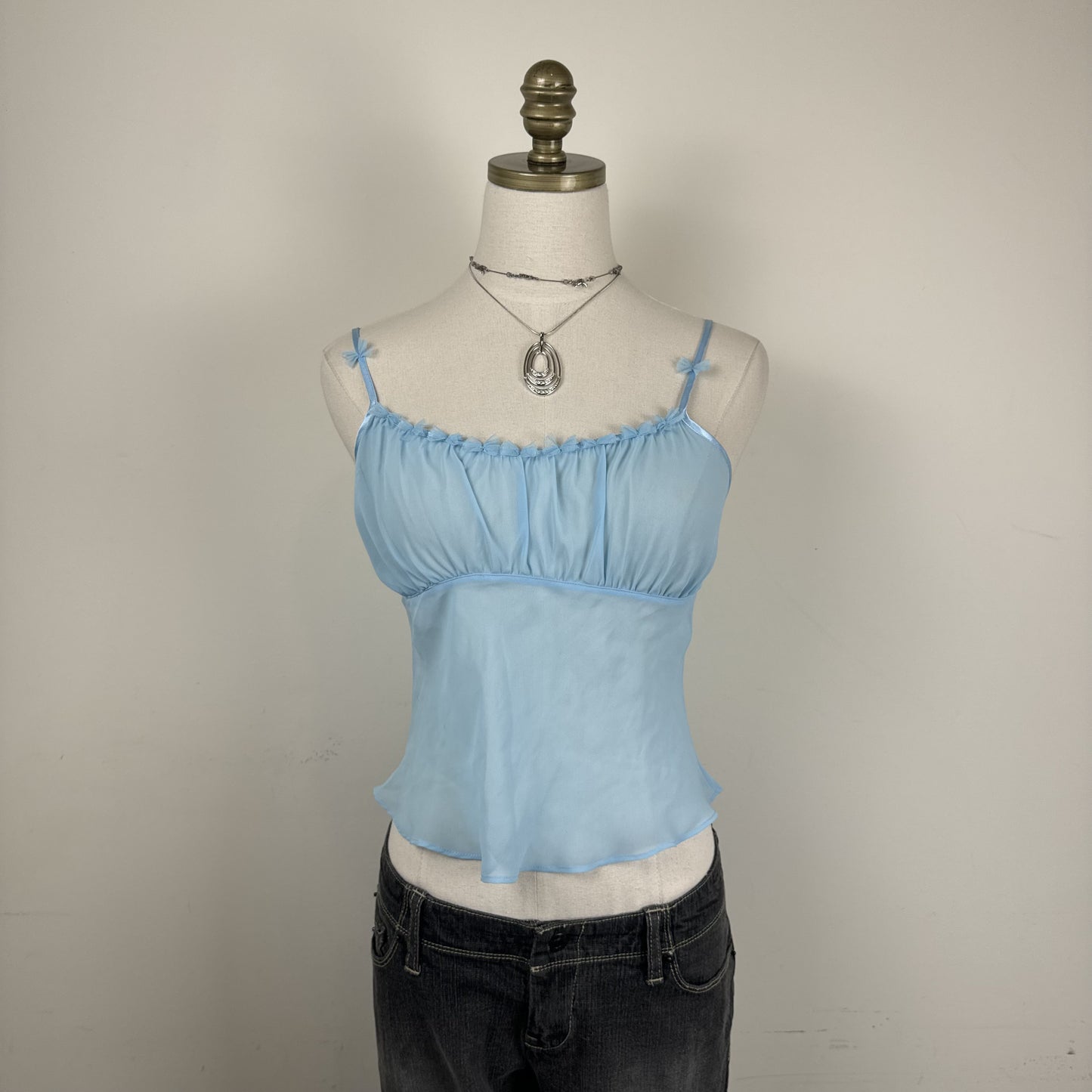Vintage La Senza Light Blue Sheer Chiffon Mesh Ribbon Cami Top – view 2
