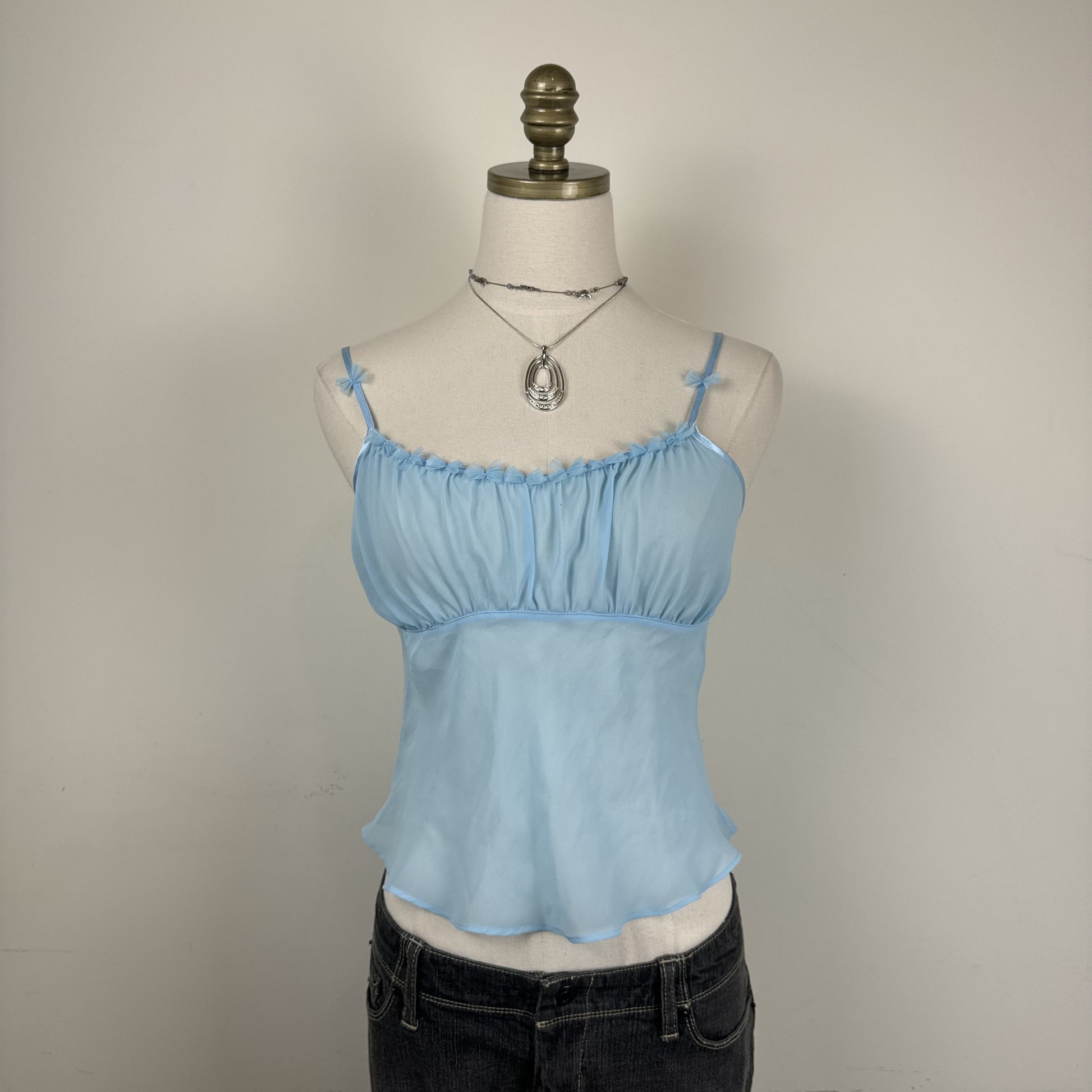 Vintage La Senza Light Blue Sheer Chiffon Mesh Ribbon Cami Top – view 3