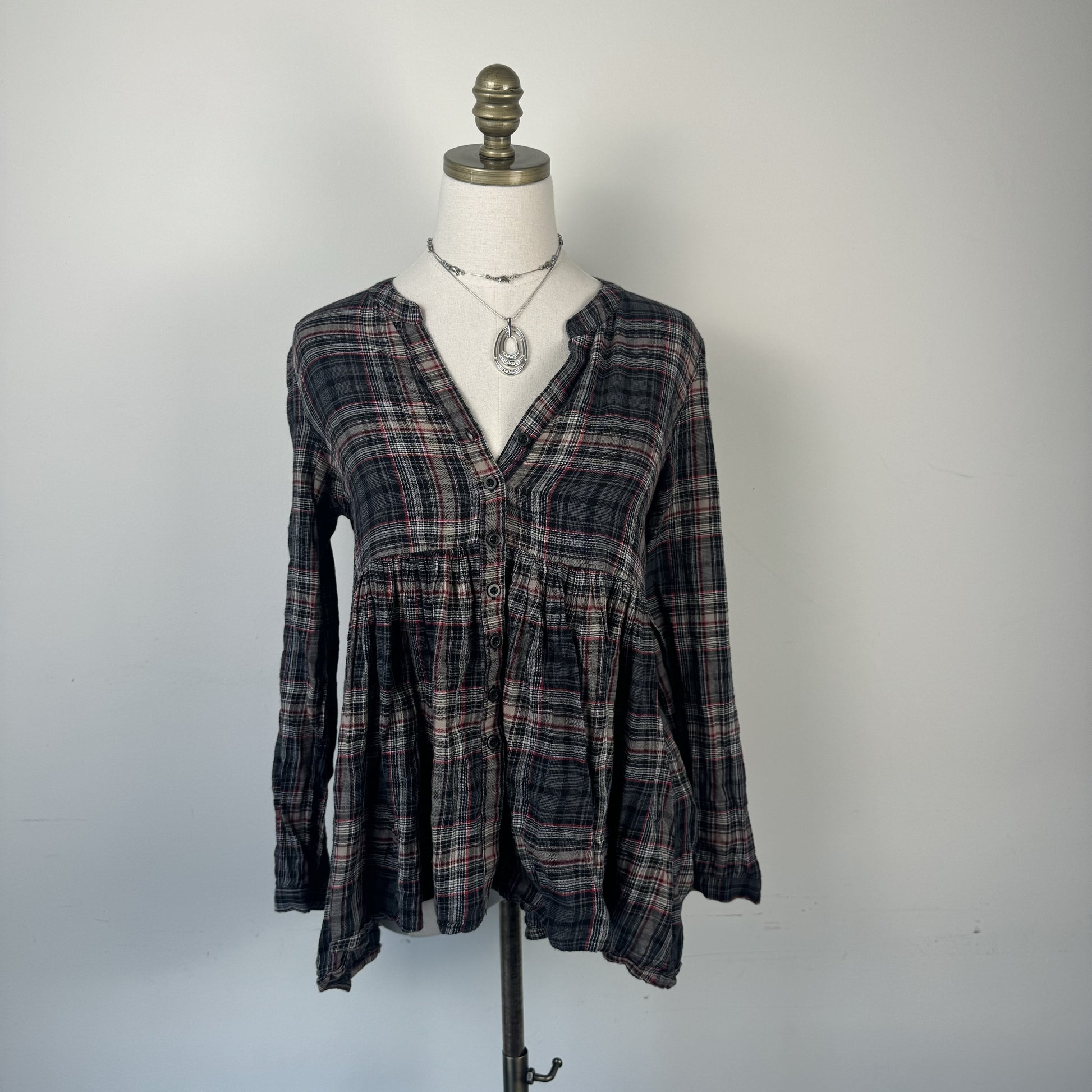 !00% Cotton  Plaid Babydoll Button Up Top
