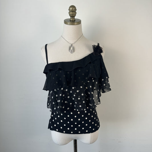 Vintage  Black Polka Dot Asymmetric Off Shoulder Top