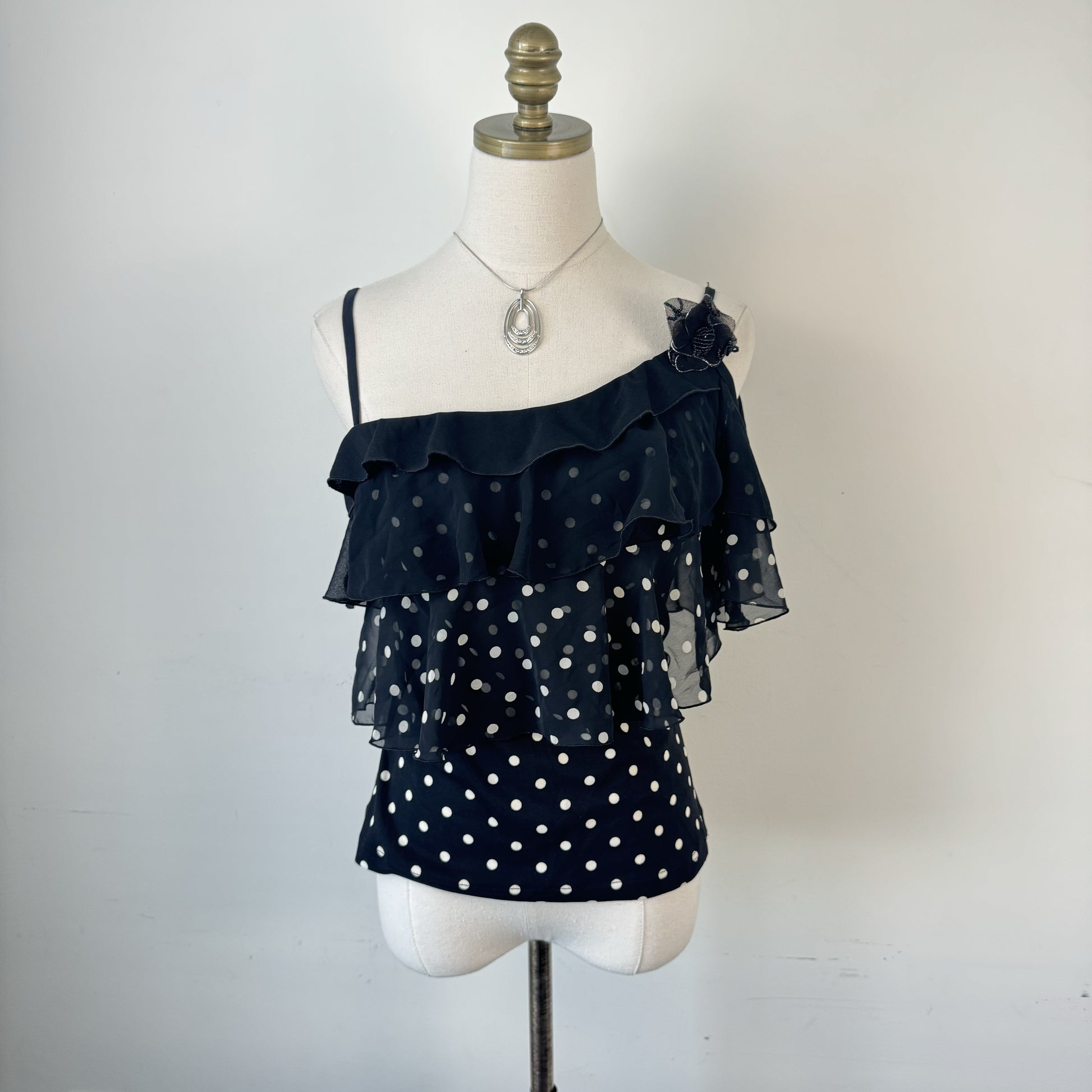 Vintage  Black Polka Dot Asymmetric Off Shoulder Top – view 2