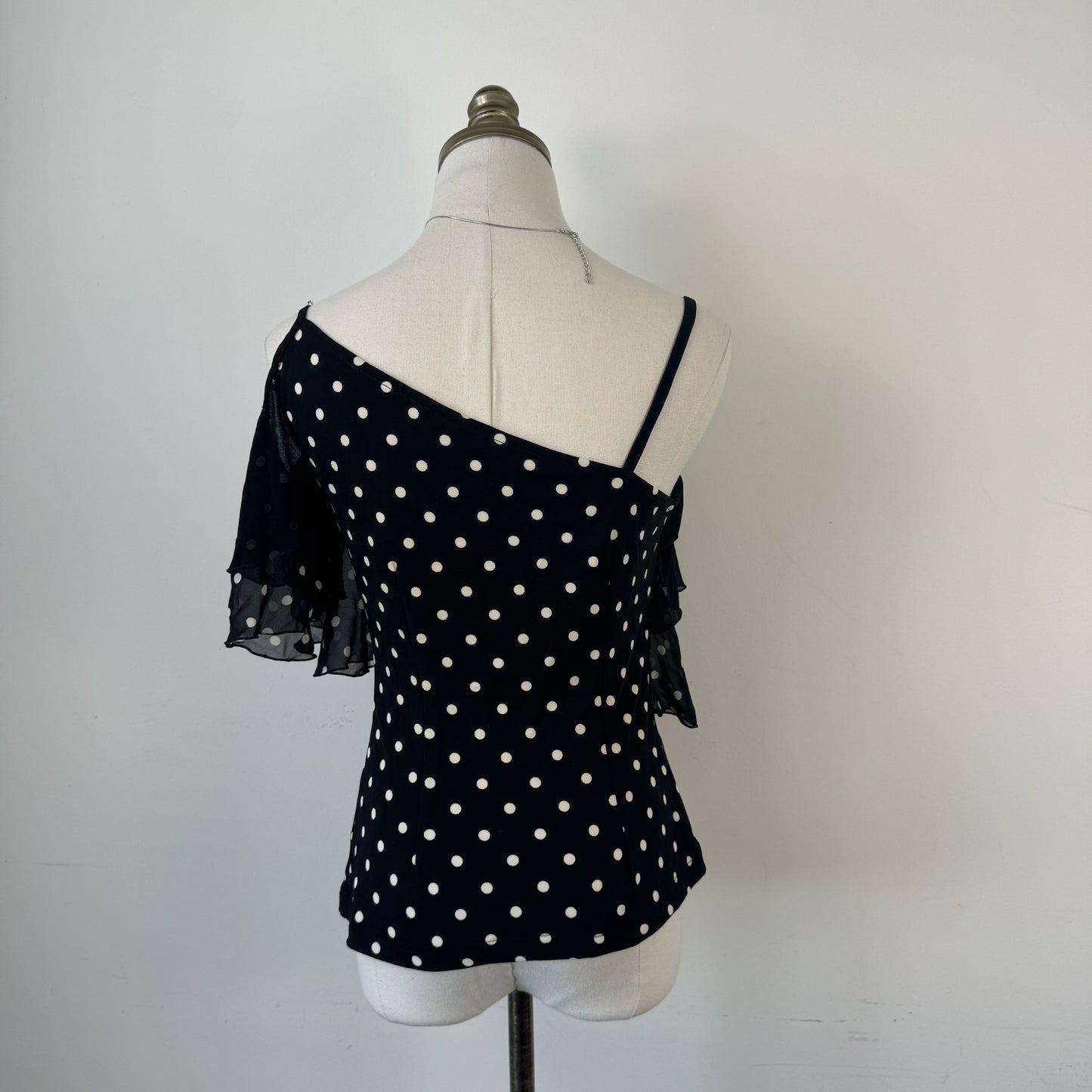 Vintage  Black Polka Dot Asymmetric Off Shoulder Top – view 4