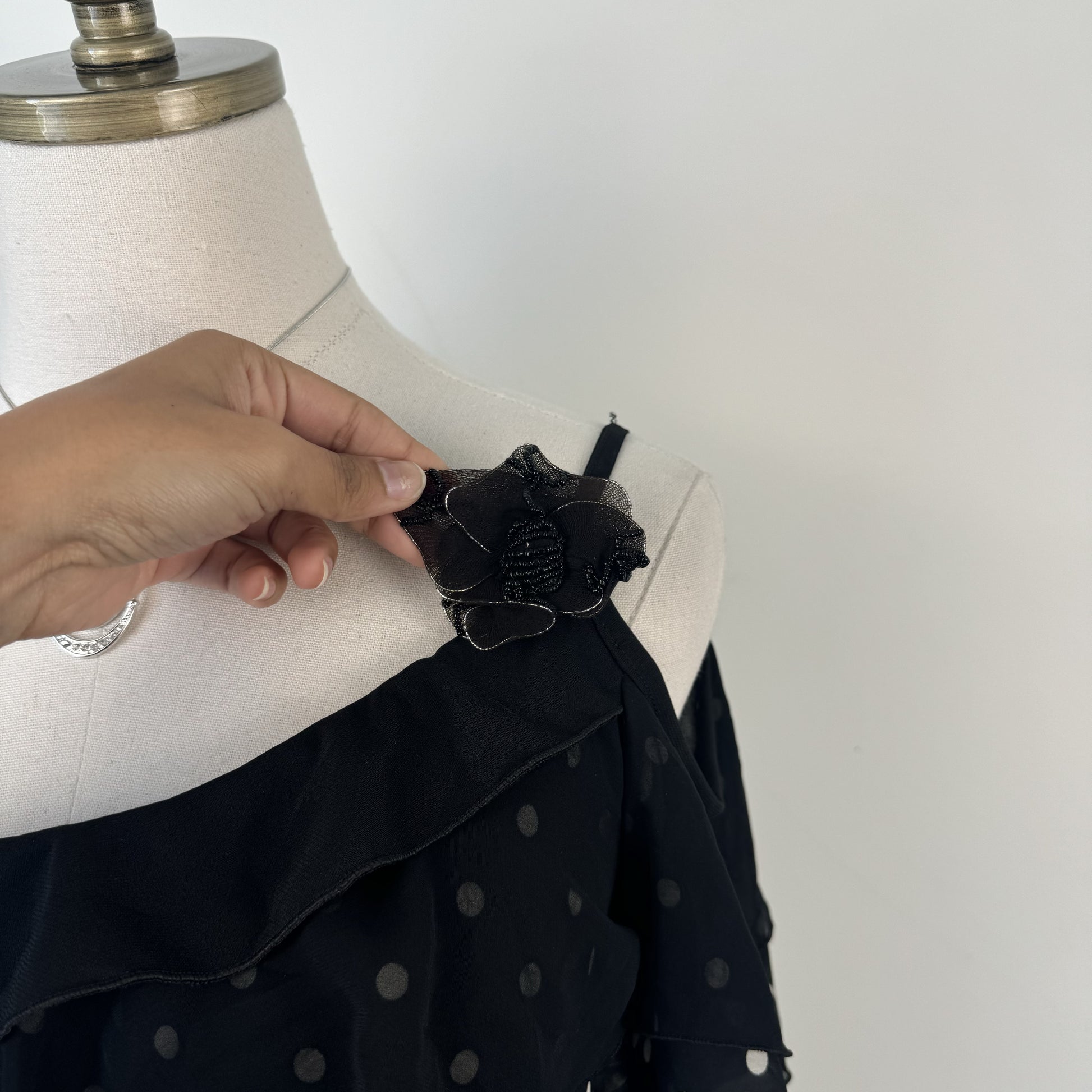 Vintage  Black Polka Dot Asymmetric Off Shoulder Top – view 9