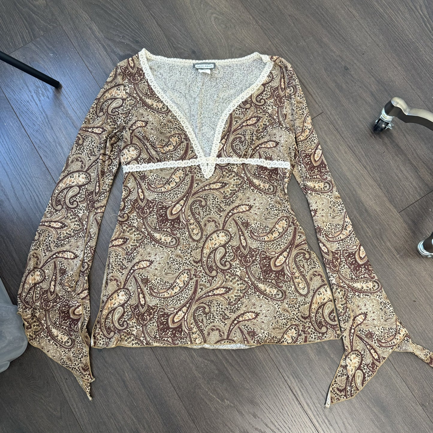 Vintage Fairy Paisley Print Bell Sleeve Mesh Lace Trim Top – view 8