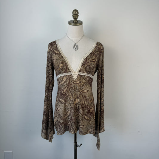 Vintage Fairy Paisley Print Bell Sleeve Mesh Lace Trim Top