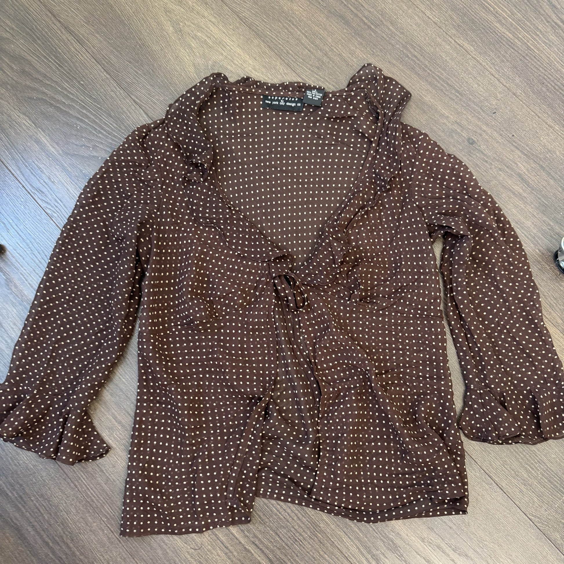 Vintage Brown Polka Dot Semi Sheer Tie-Up Ruffled Top – view 9