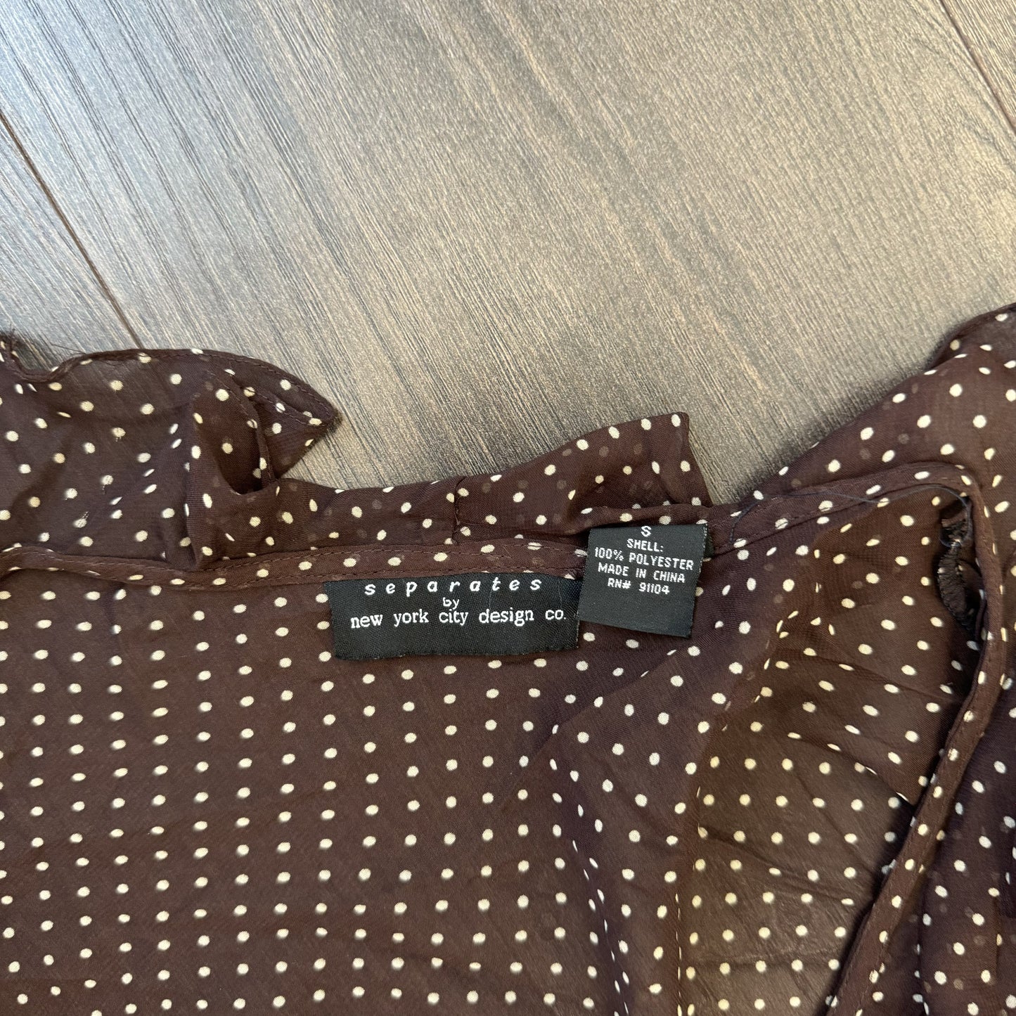Vintage Brown Polka Dot Semi Sheer Tie-Up Ruffled Top – view 5