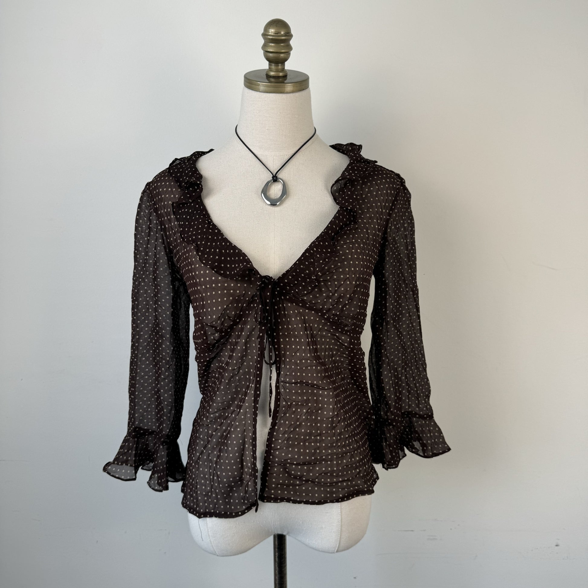 Vintage Brown Polka Dot Semi Sheer Tie-Up Ruffled Top