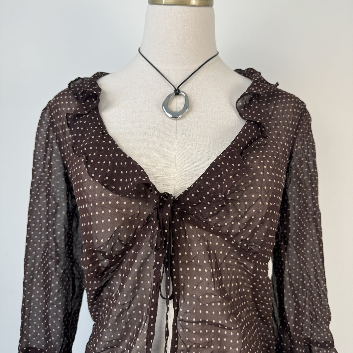 Vintage Brown Polka Dot Semi Sheer Tie-Up Ruffled Top – view 6