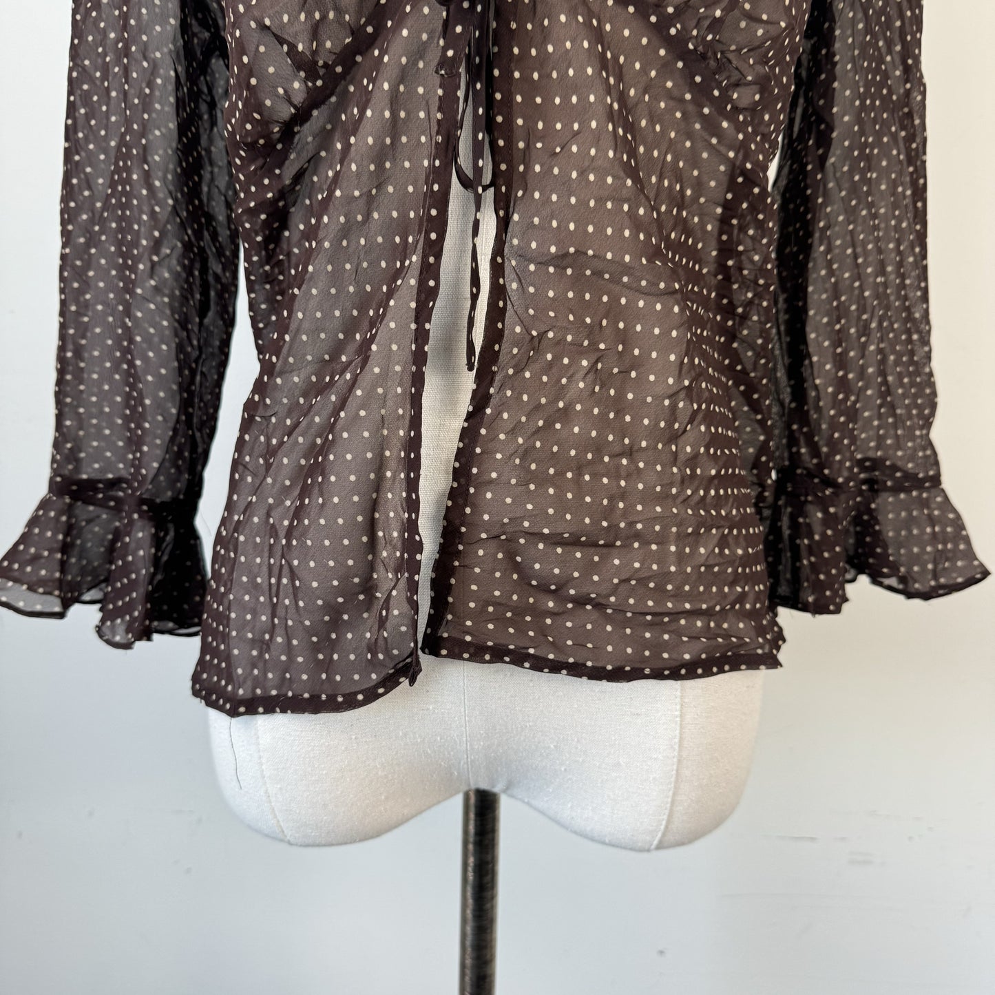 Vintage Brown Polka Dot Semi Sheer Tie-Up Ruffled Top – view 7