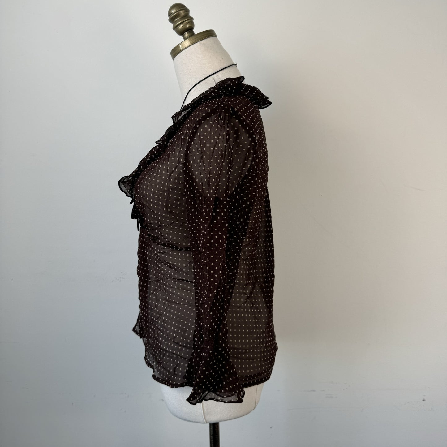 Vintage Brown Polka Dot Semi Sheer Tie-Up Ruffled Top – view 2