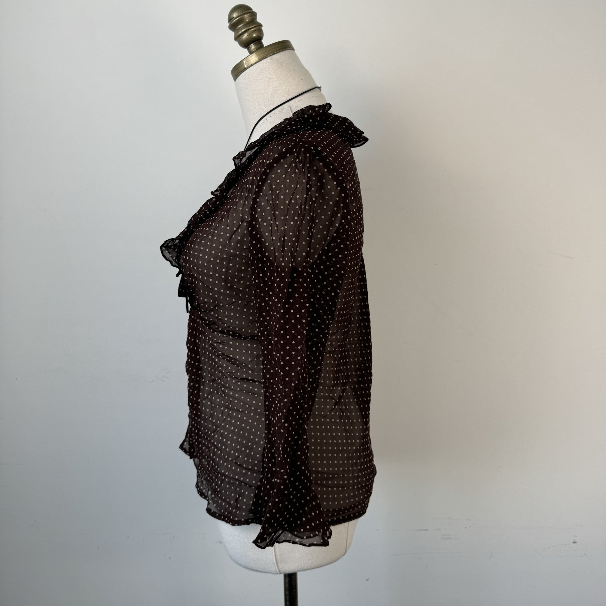 Vintage Brown Polka Dot Semi Sheer Tie-Up Ruffled Top – view 2