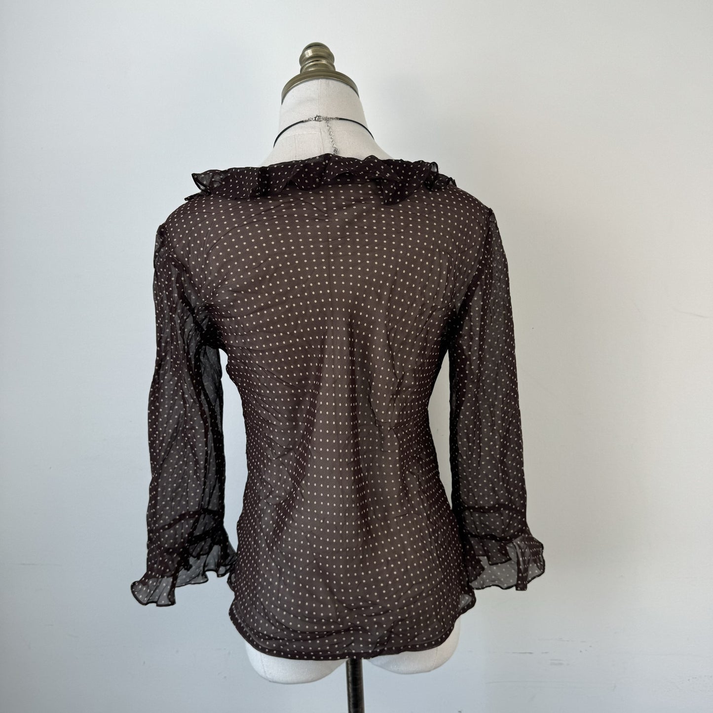 Vintage Brown Polka Dot Semi Sheer Tie-Up Ruffled Top – view 3