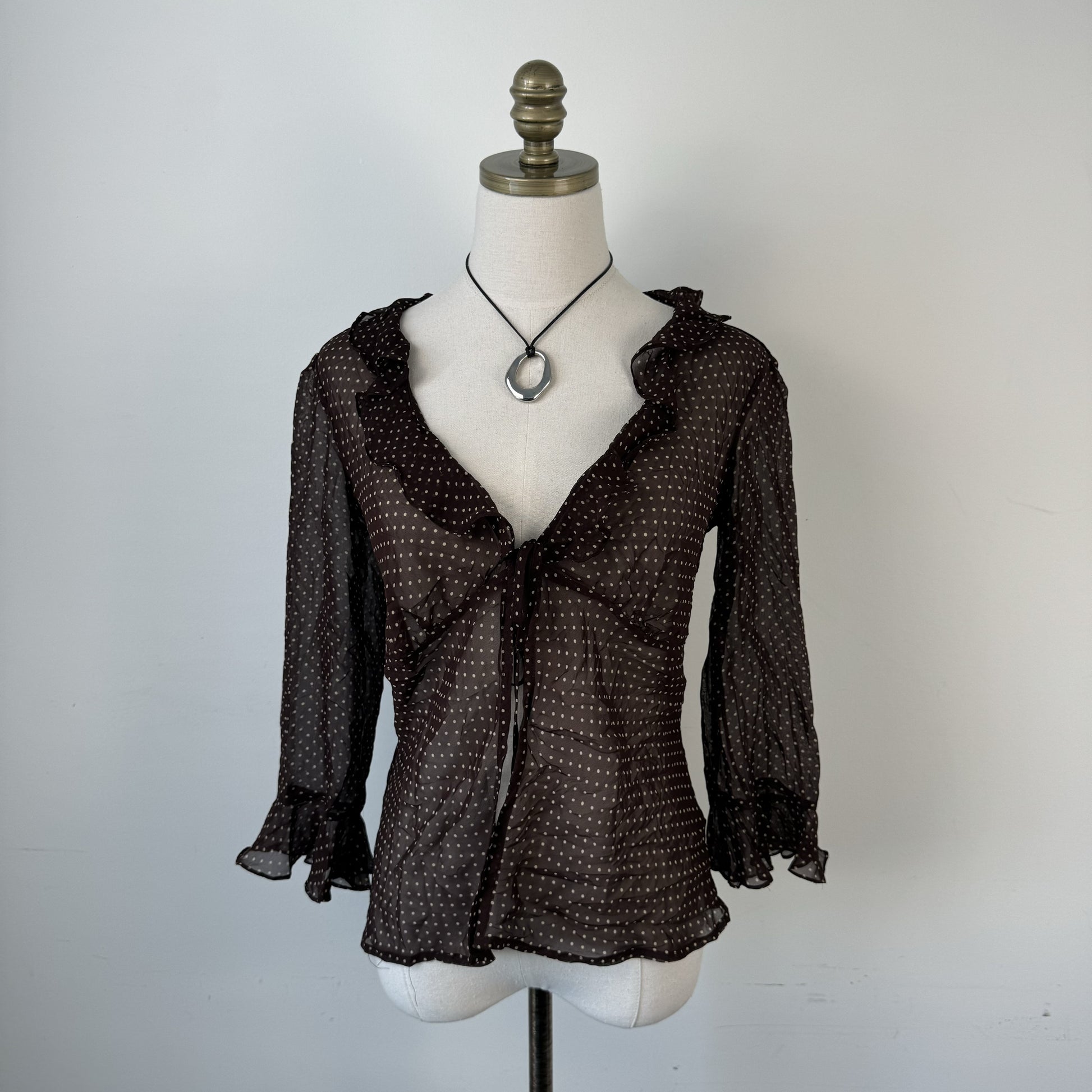 Vintage Brown Polka Dot Semi Sheer Tie-Up Ruffled Top – view 4