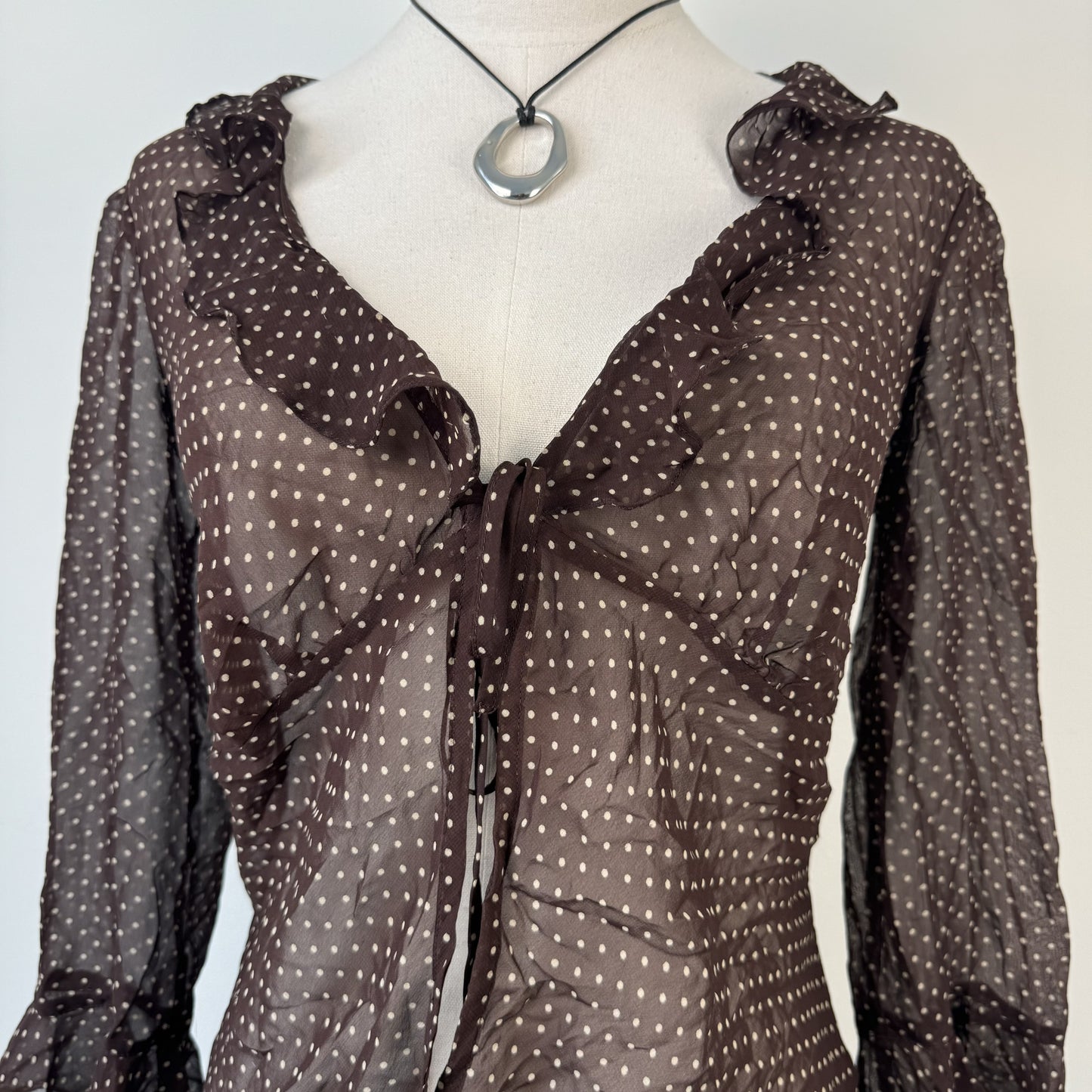 Vintage Brown Polka Dot Semi Sheer Tie-Up Ruffled Top – view 8