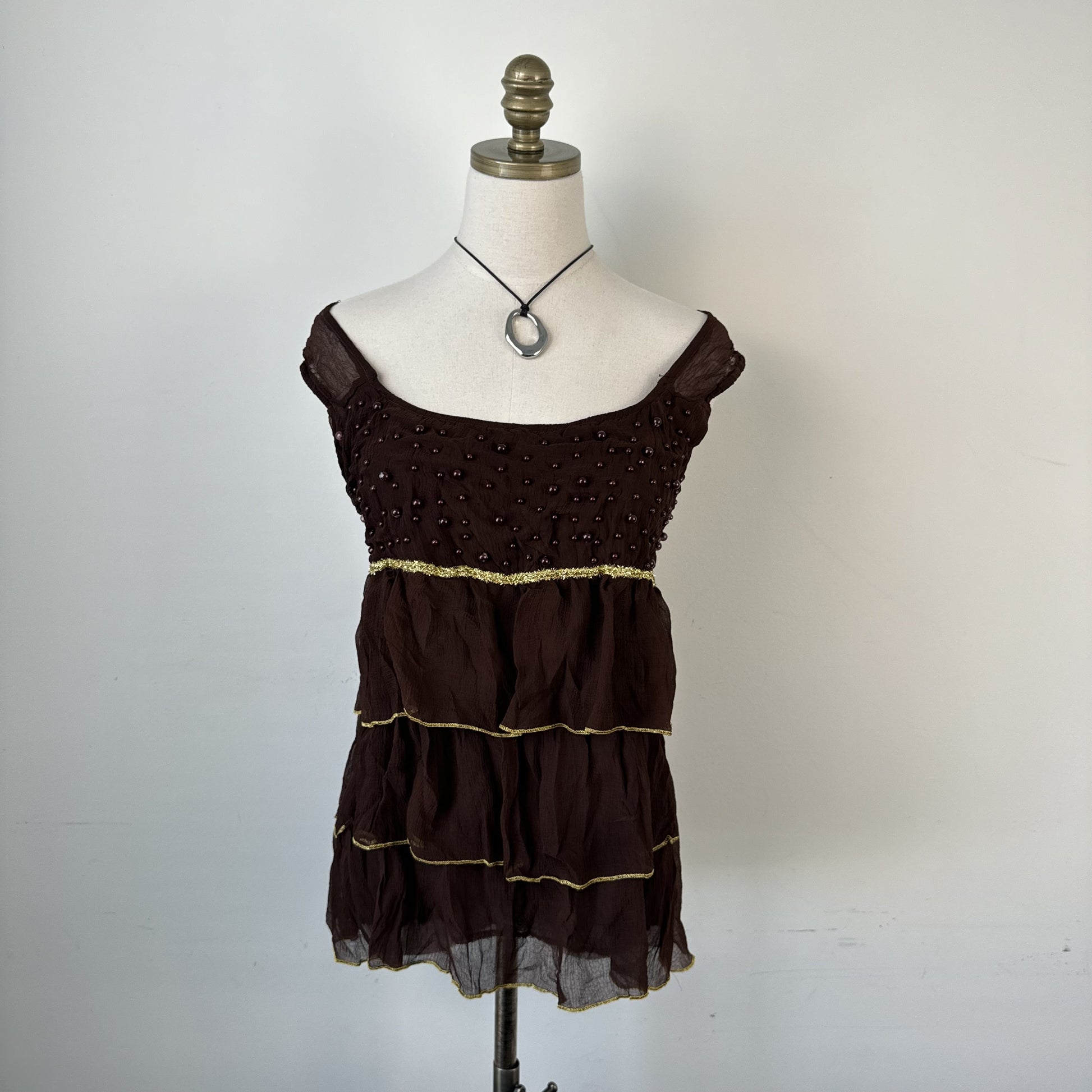 Vintage Brown Chiffon Mesh Overlay Ruffled  Top