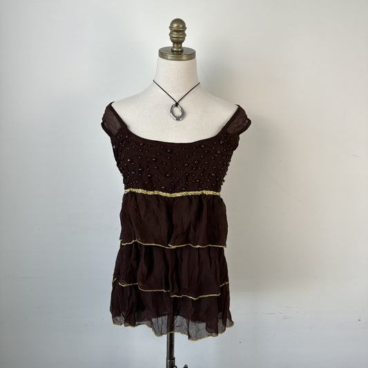 Vintage Brown Chiffon Mesh Overlay Ruffled  Top