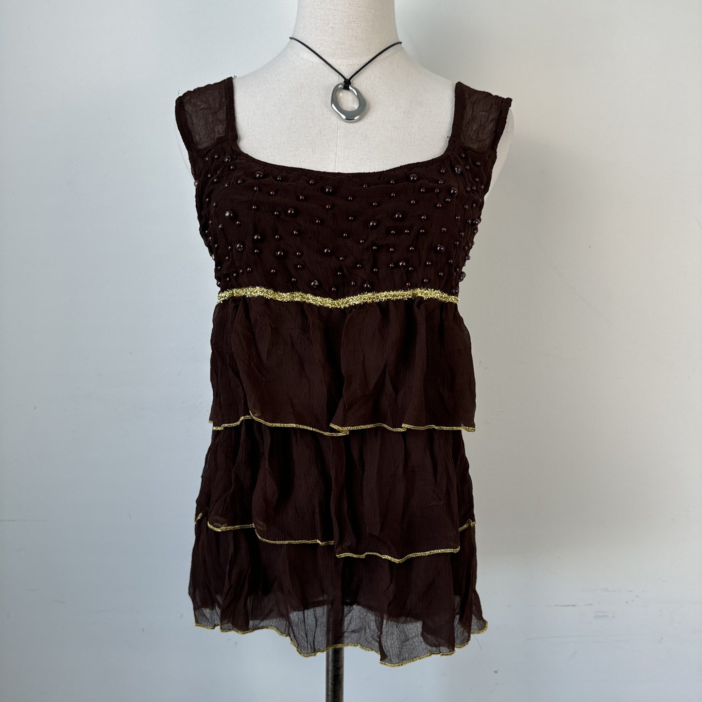 Vintage Brown Chiffon Mesh Overlay Ruffled  Top – view 2