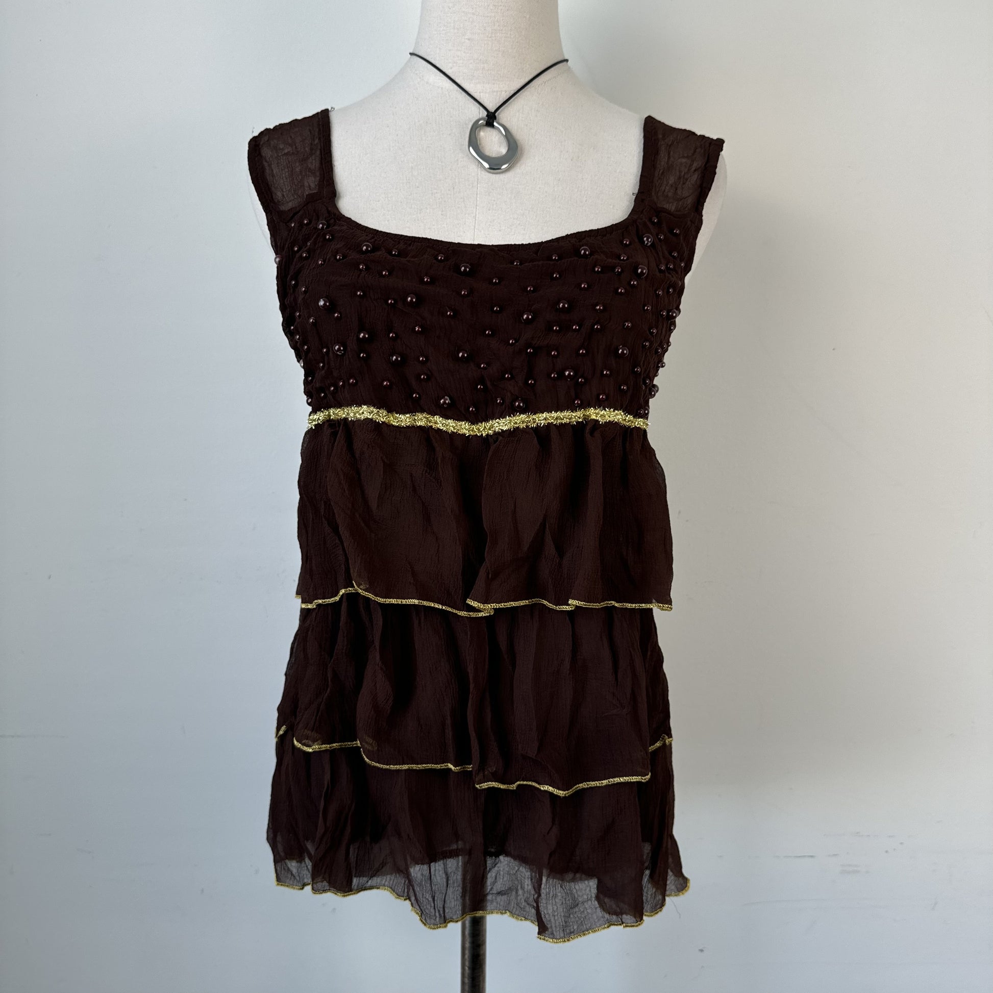 Vintage Brown Chiffon Mesh Overlay Ruffled  Top – view 2