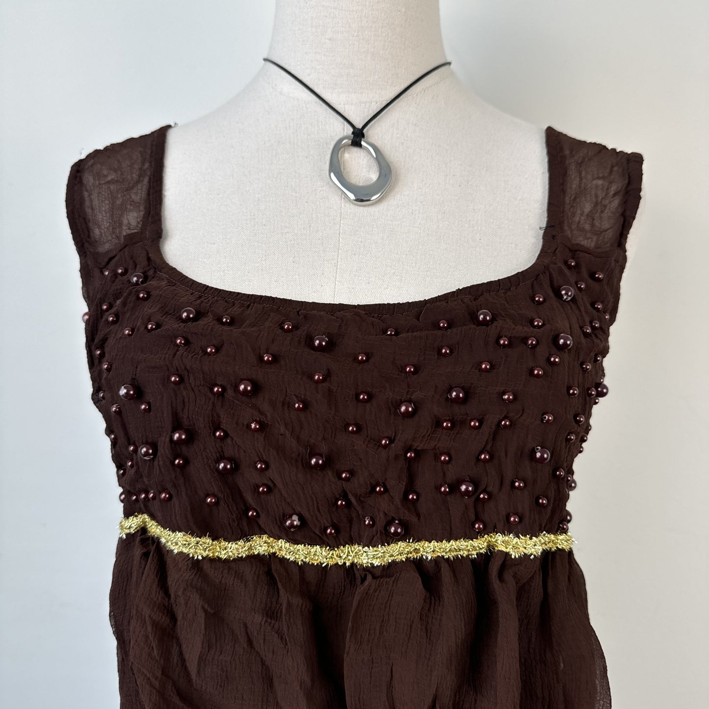 Vintage Brown Chiffon Mesh Overlay Ruffled  Top – view 8