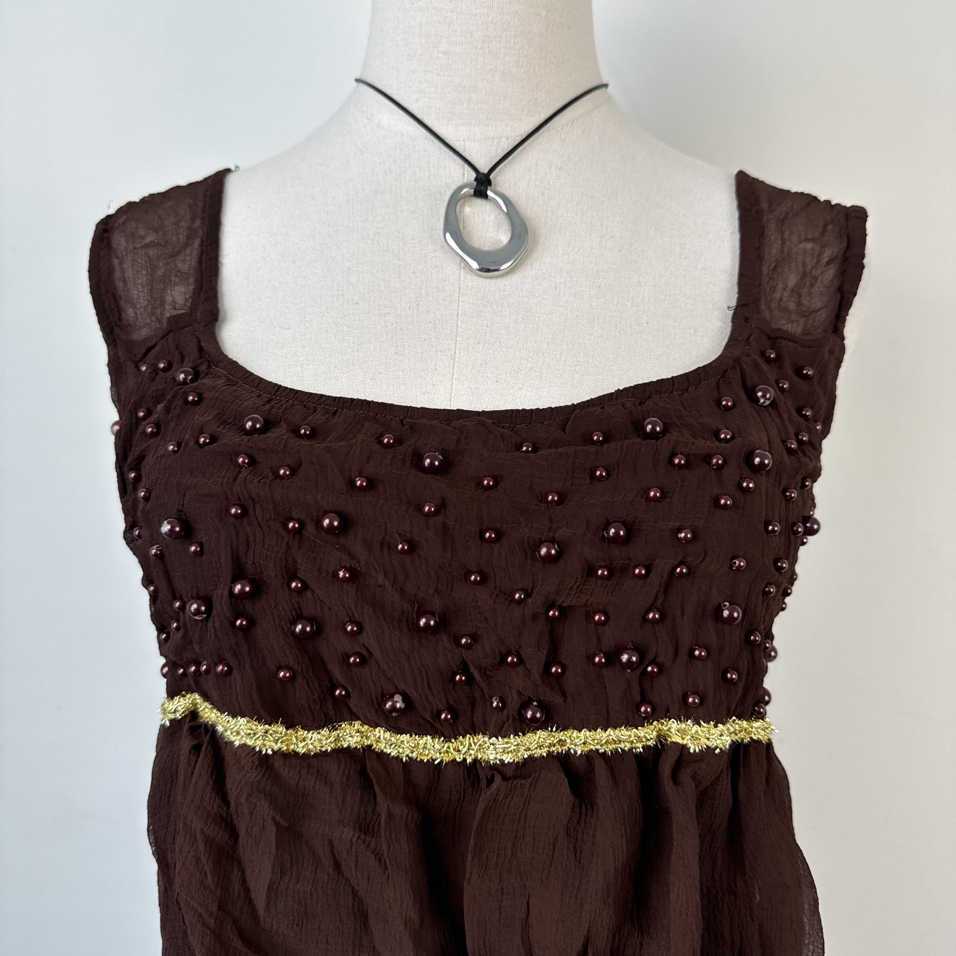 Vintage Brown Chiffon Mesh Overlay Ruffled  Top – view 8