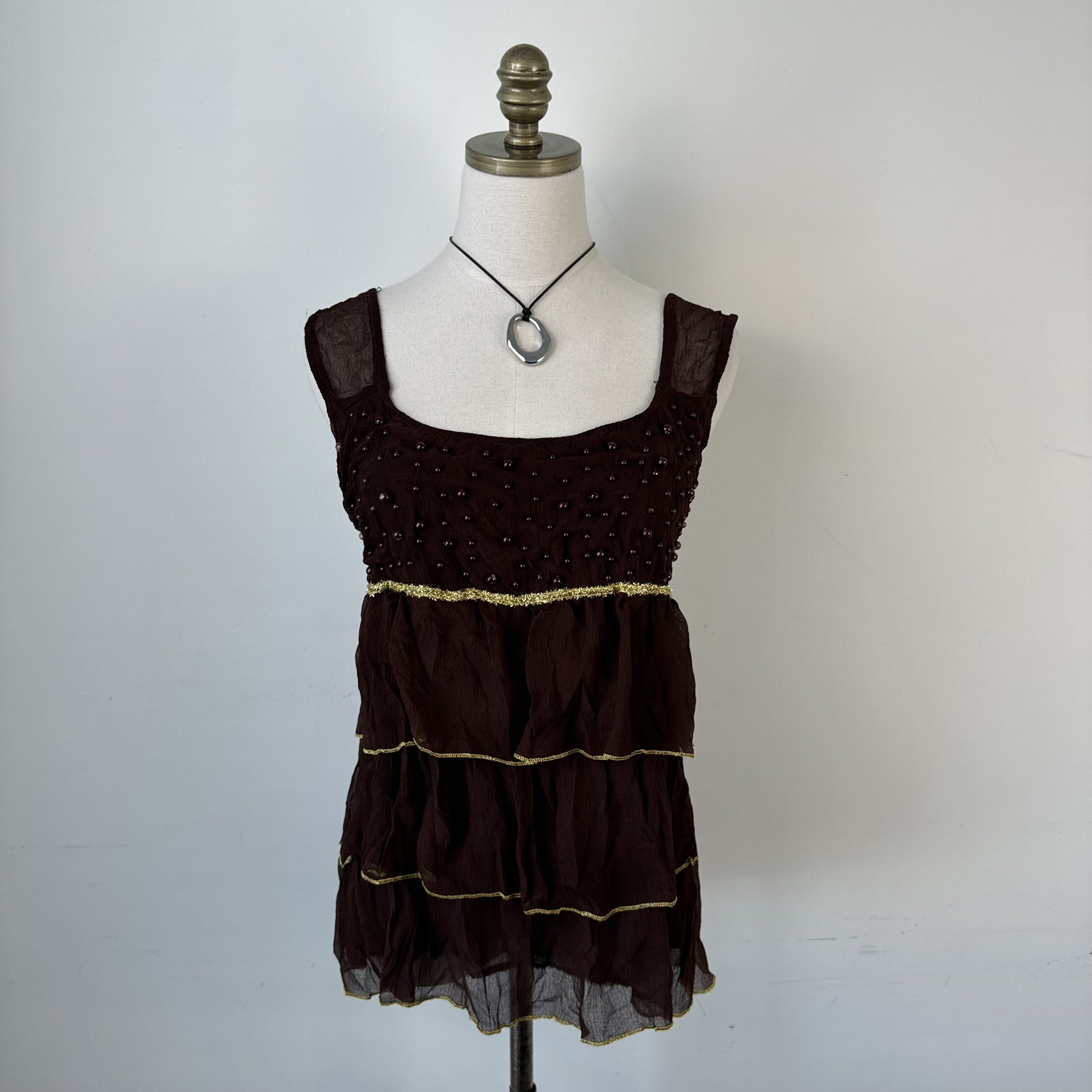 Vintage Brown Chiffon Mesh Overlay Ruffled  Top – view 3