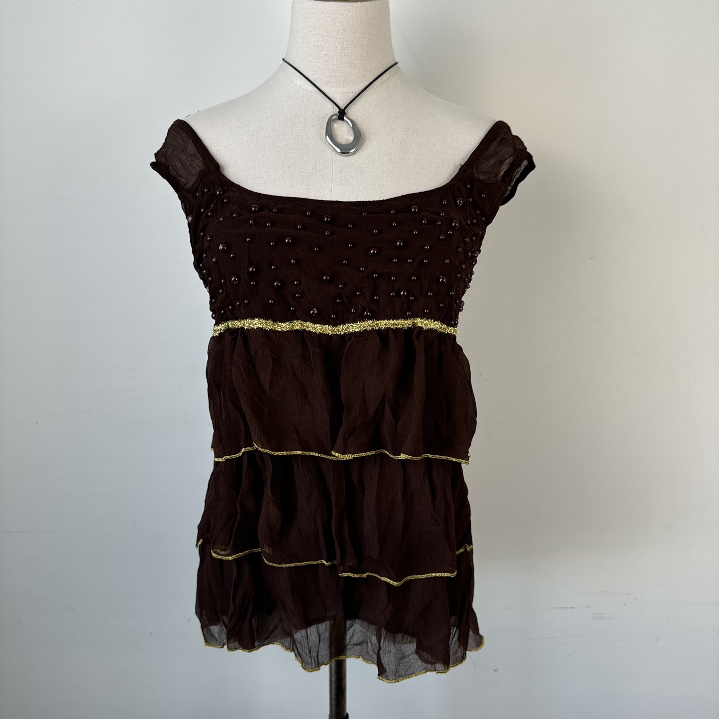 Vintage Brown Chiffon Mesh Overlay Ruffled  Top – view 4
