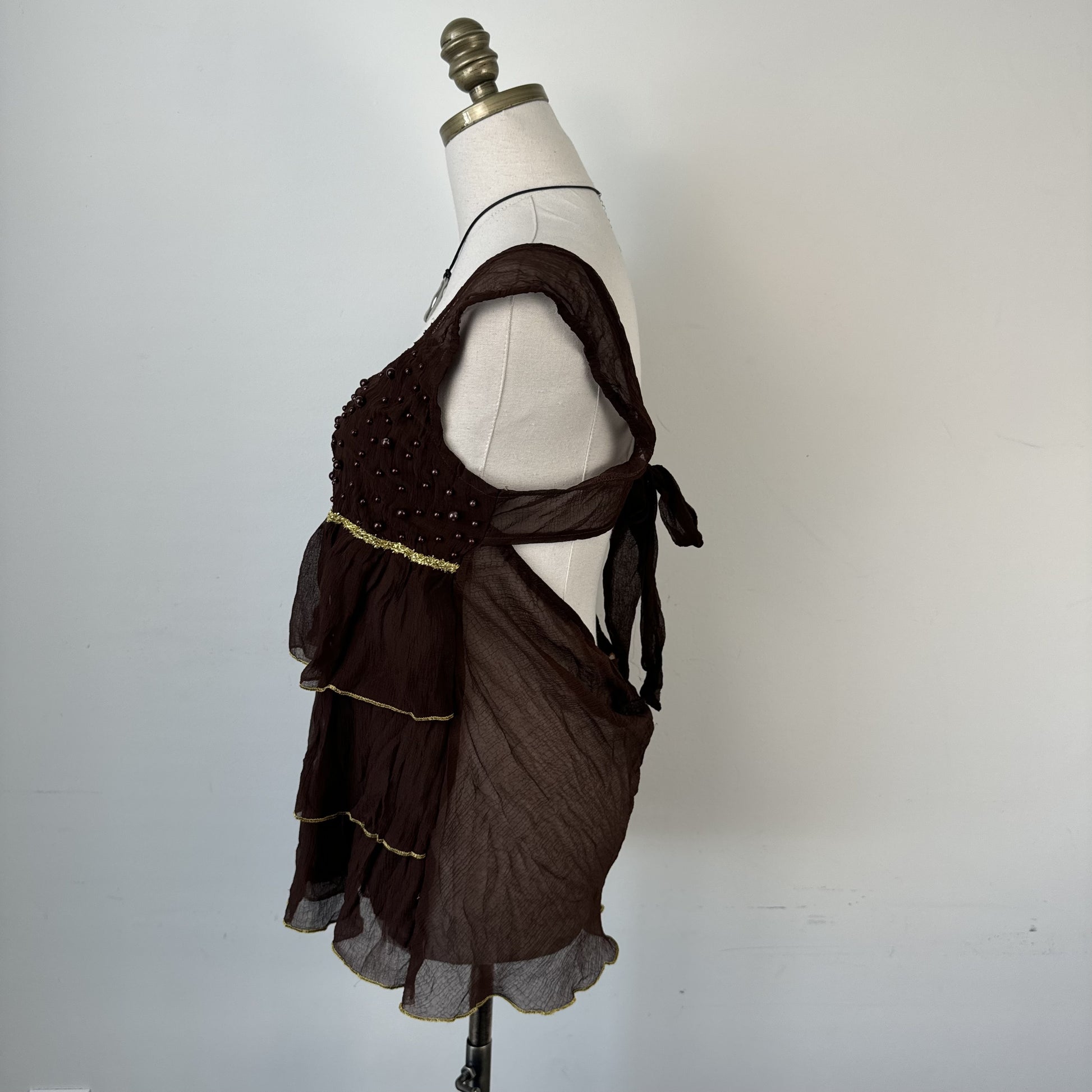Vintage Brown Chiffon Mesh Overlay Ruffled  Top – view 5