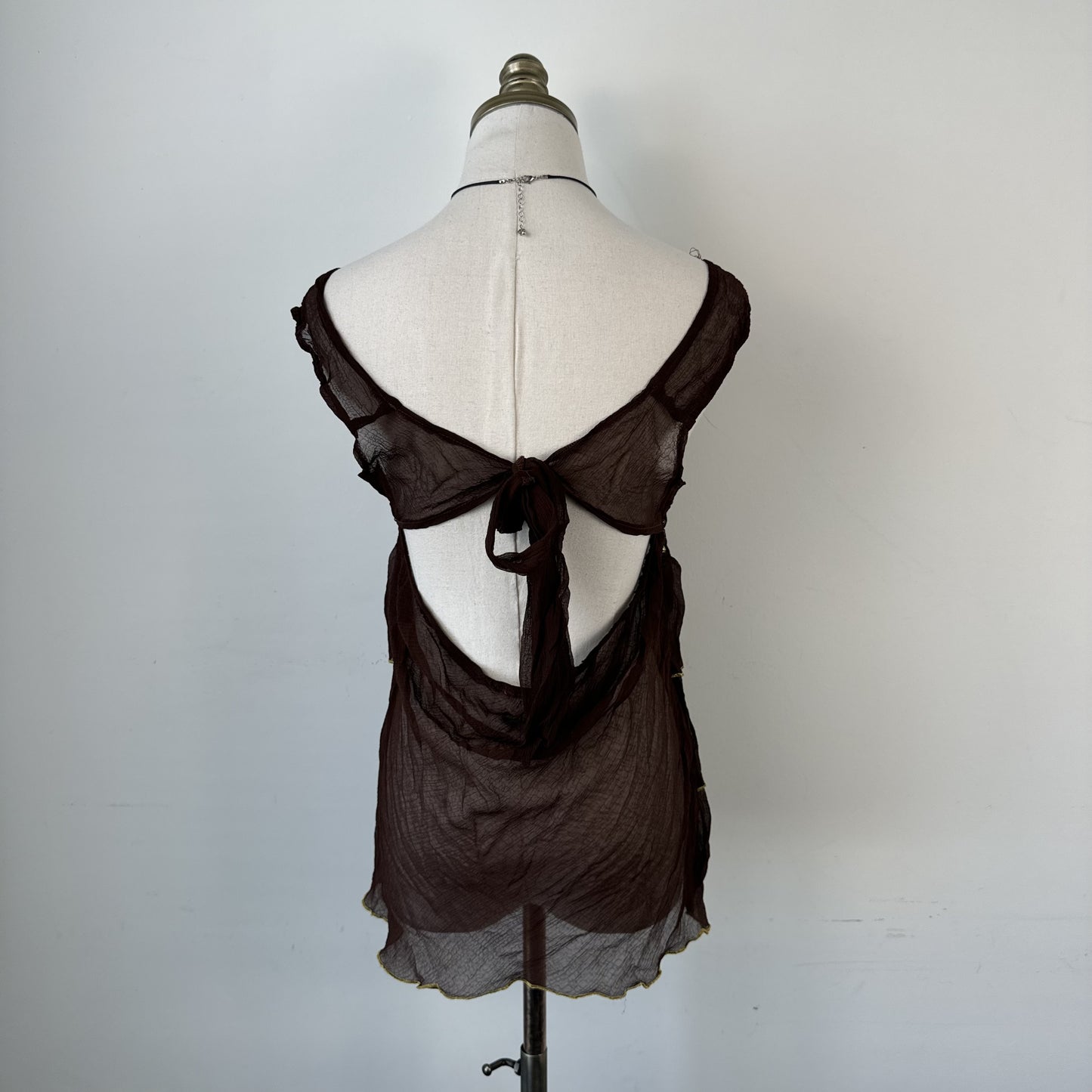 Vintage Brown Chiffon Mesh Overlay Ruffled  Top – view 6