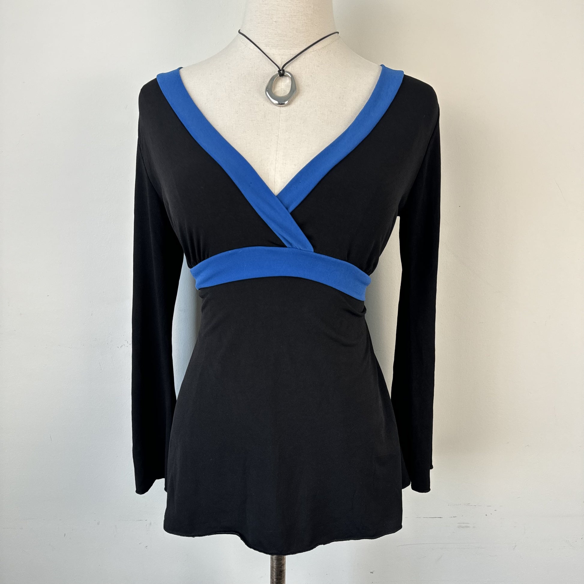Vintage Blue & Black  Babydoll  Tie Up Wrap Top