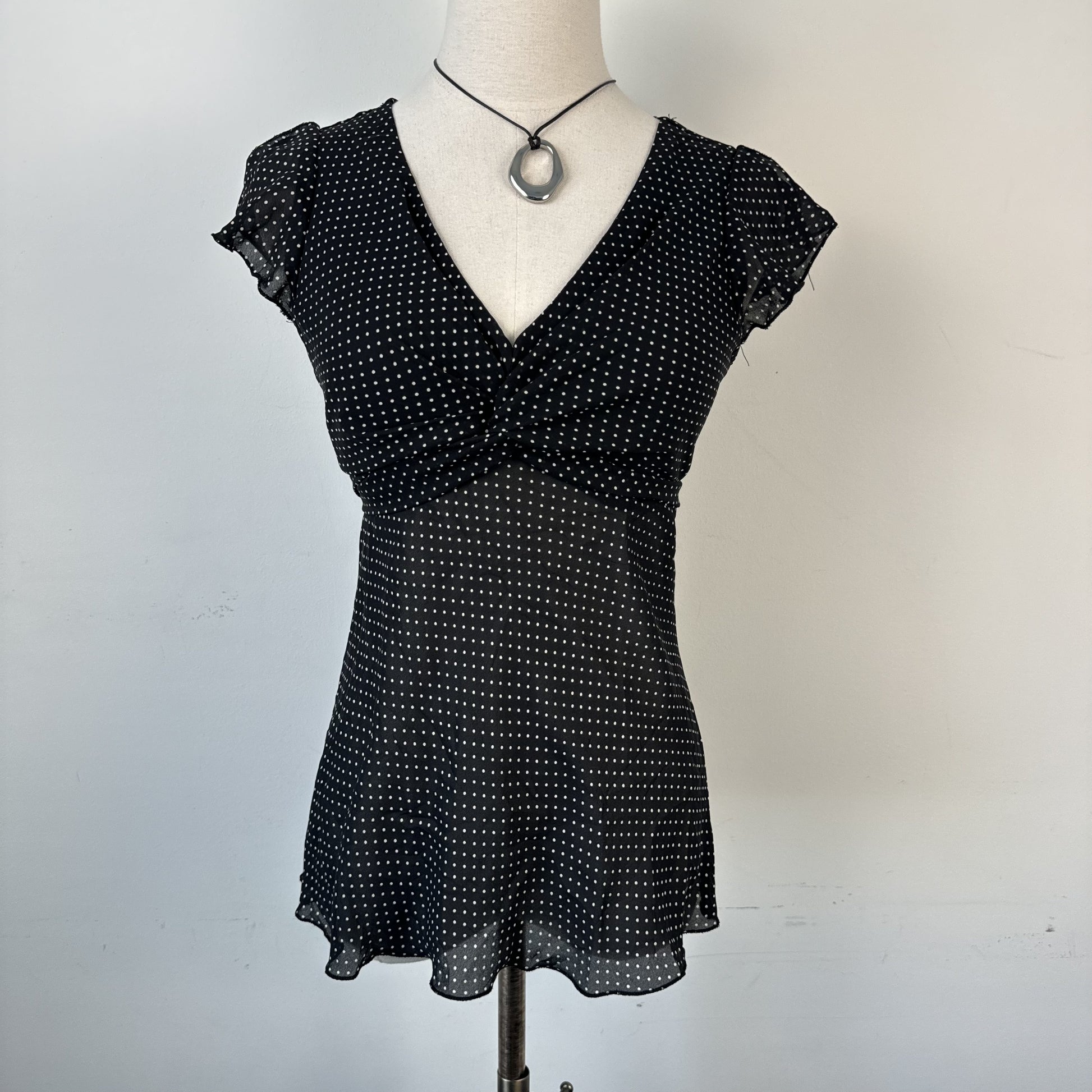 Vintage Semi-Sheer Chiffon Polka Dot Tie Up Top
