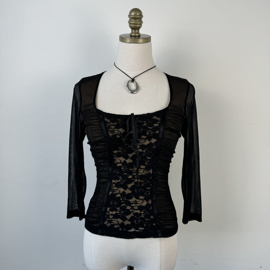 Vintage Black  Mesh Corset Lace Top with Ribbon Tie