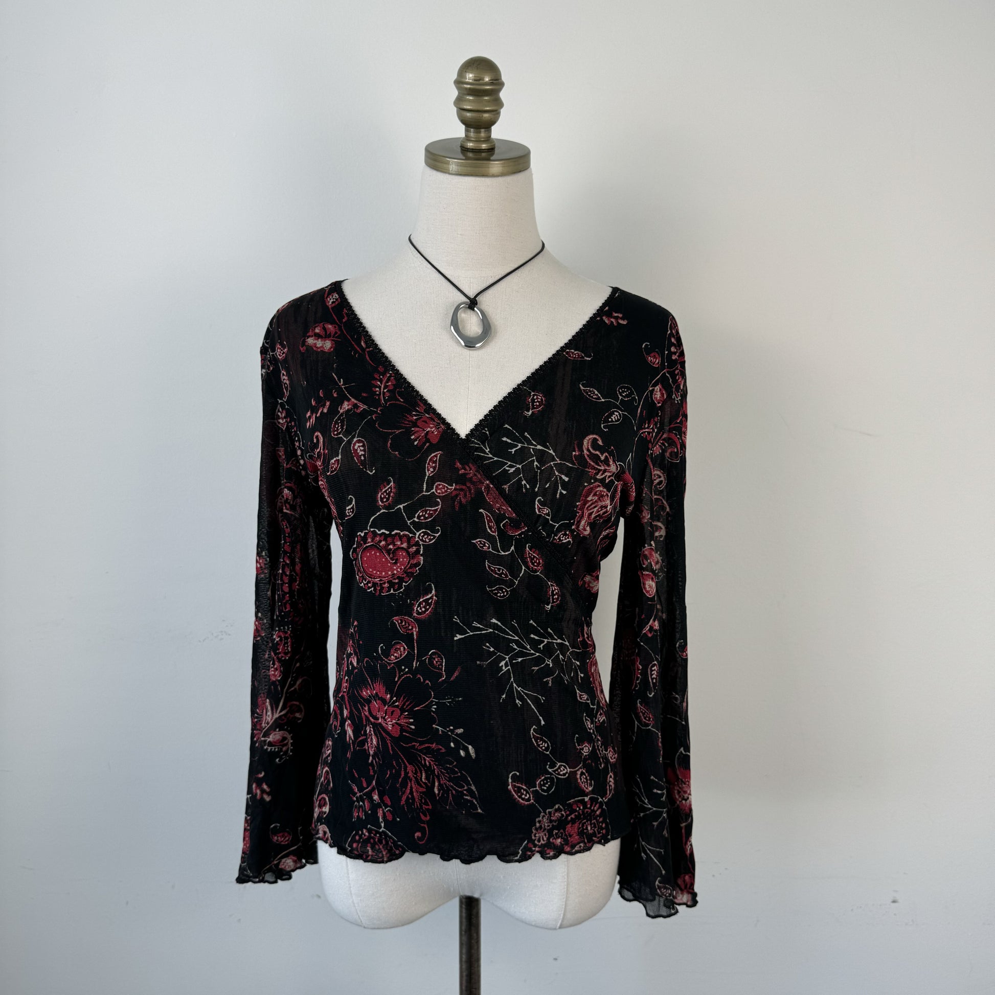 Vintage Mesh Overlay Bell Sleeve Wrap Top