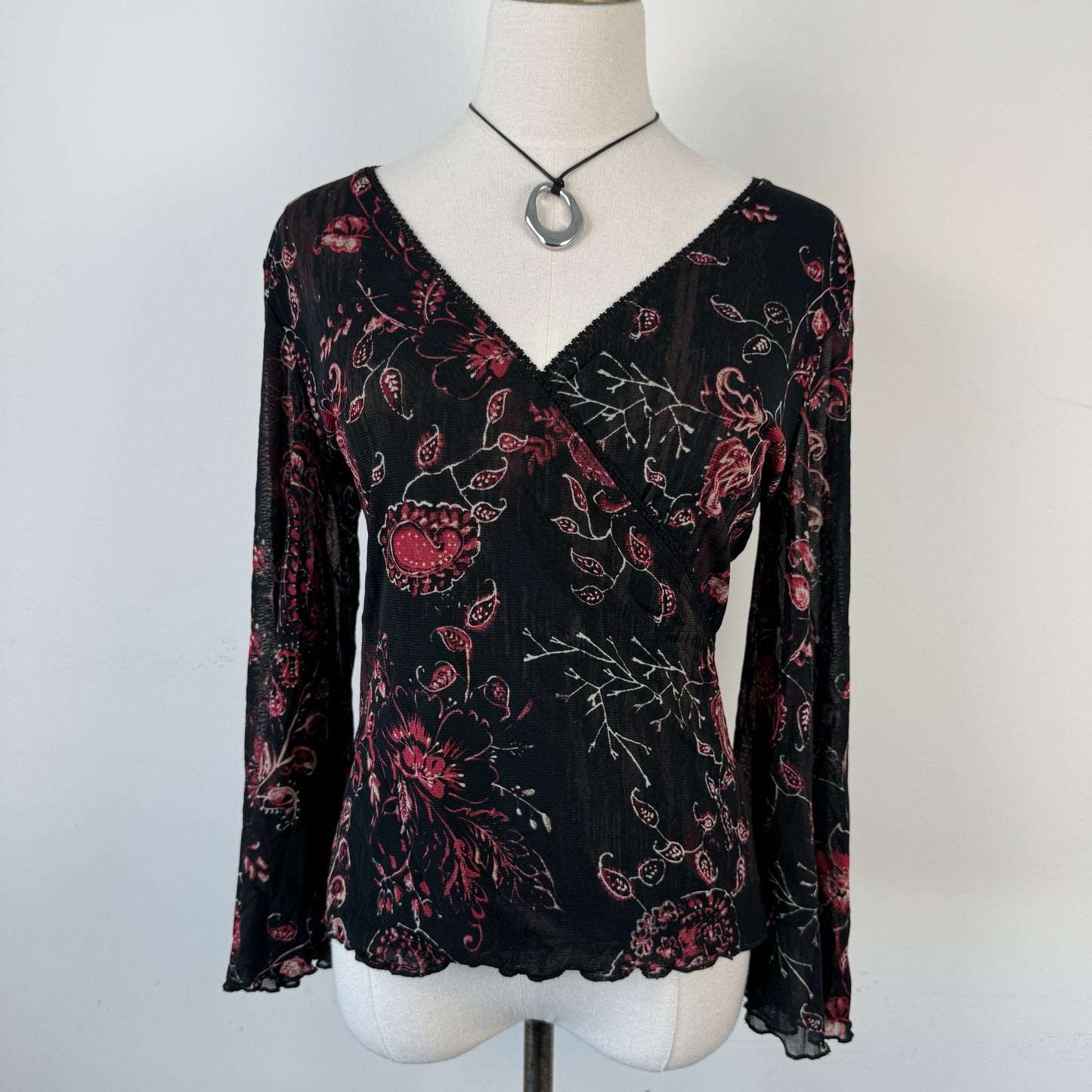 Vintage Mesh Overlay Bell Sleeve Wrap Top – view 3