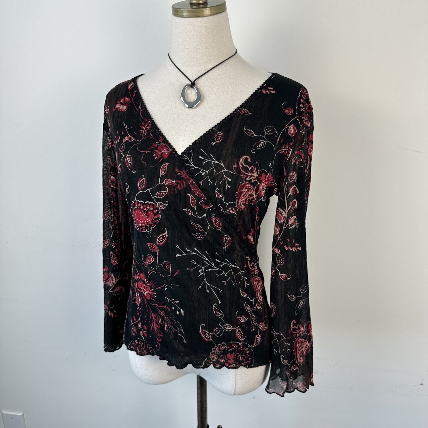 Vintage Mesh Overlay Bell Sleeve Wrap Top – view 8