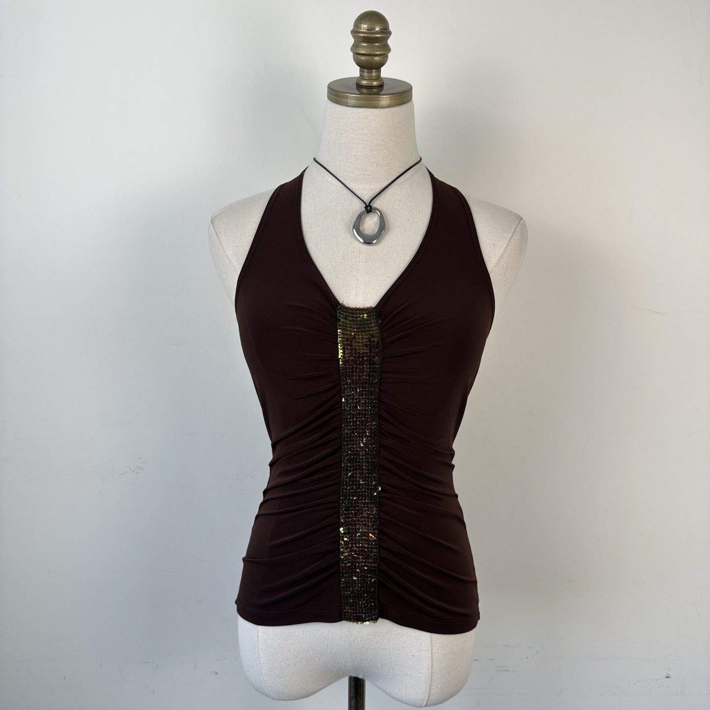 Vintage Brown Sequin Detail Halter Top